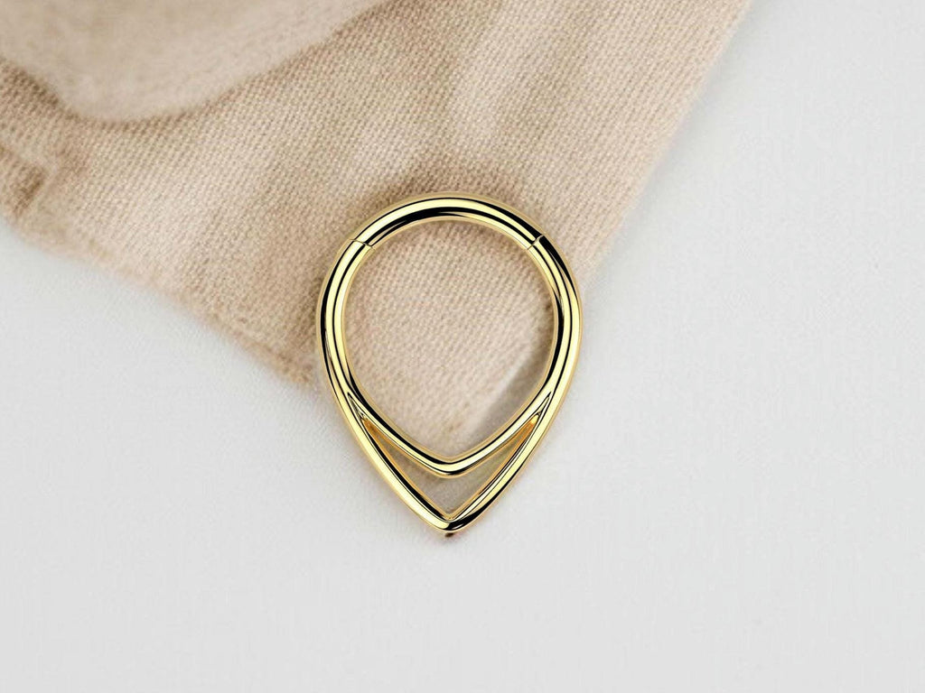 16G Titanium Double Line Septum Ring, V Shape Geometric Hinged Nose Hoop Clicker, Gold Septum Piercing Hoop