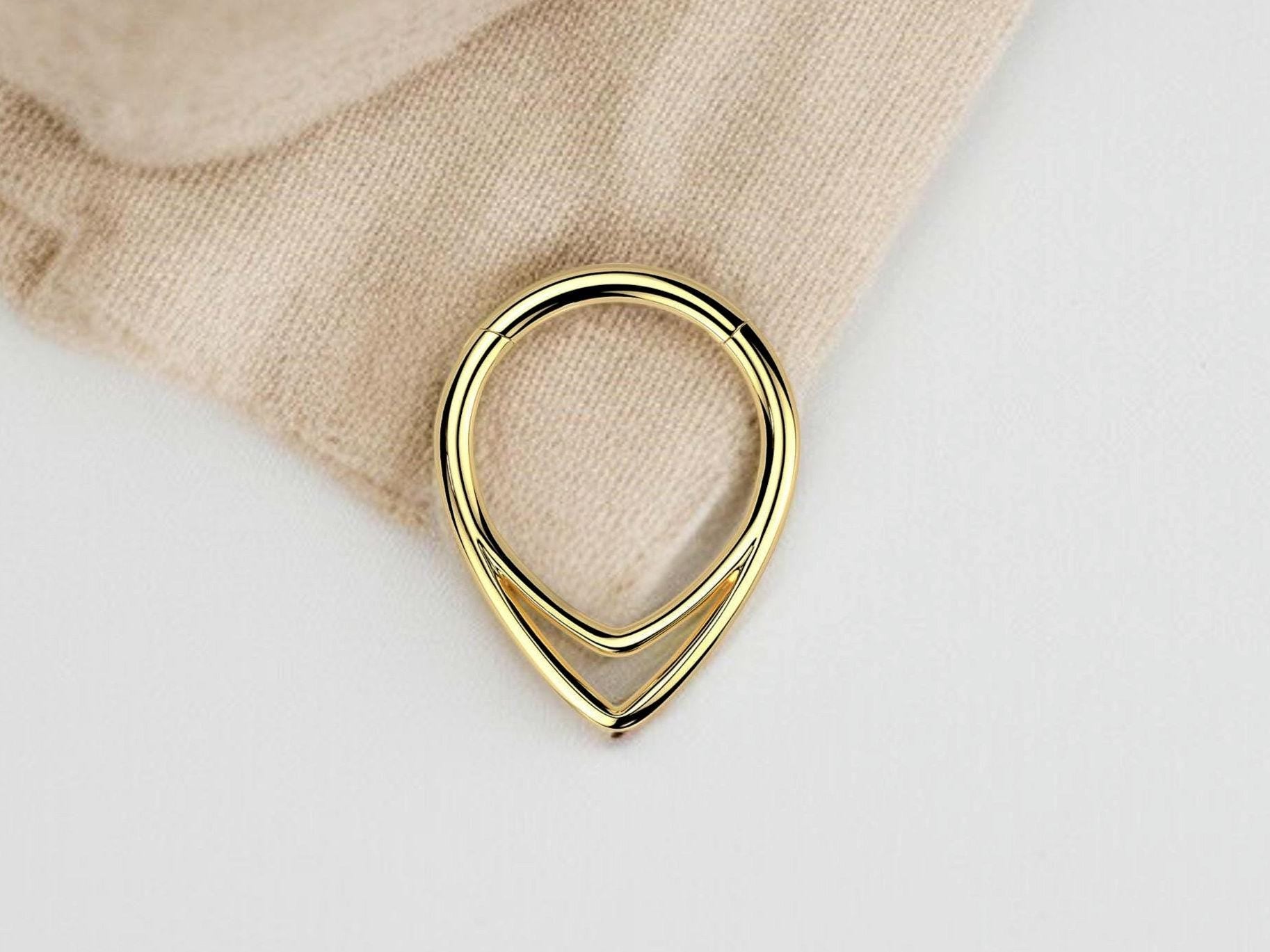 16G Titanium Double Line Septum Ring, V Shape Geometric Hinged Nose Hoop Clicker, Gold Septum Piercing Hoop