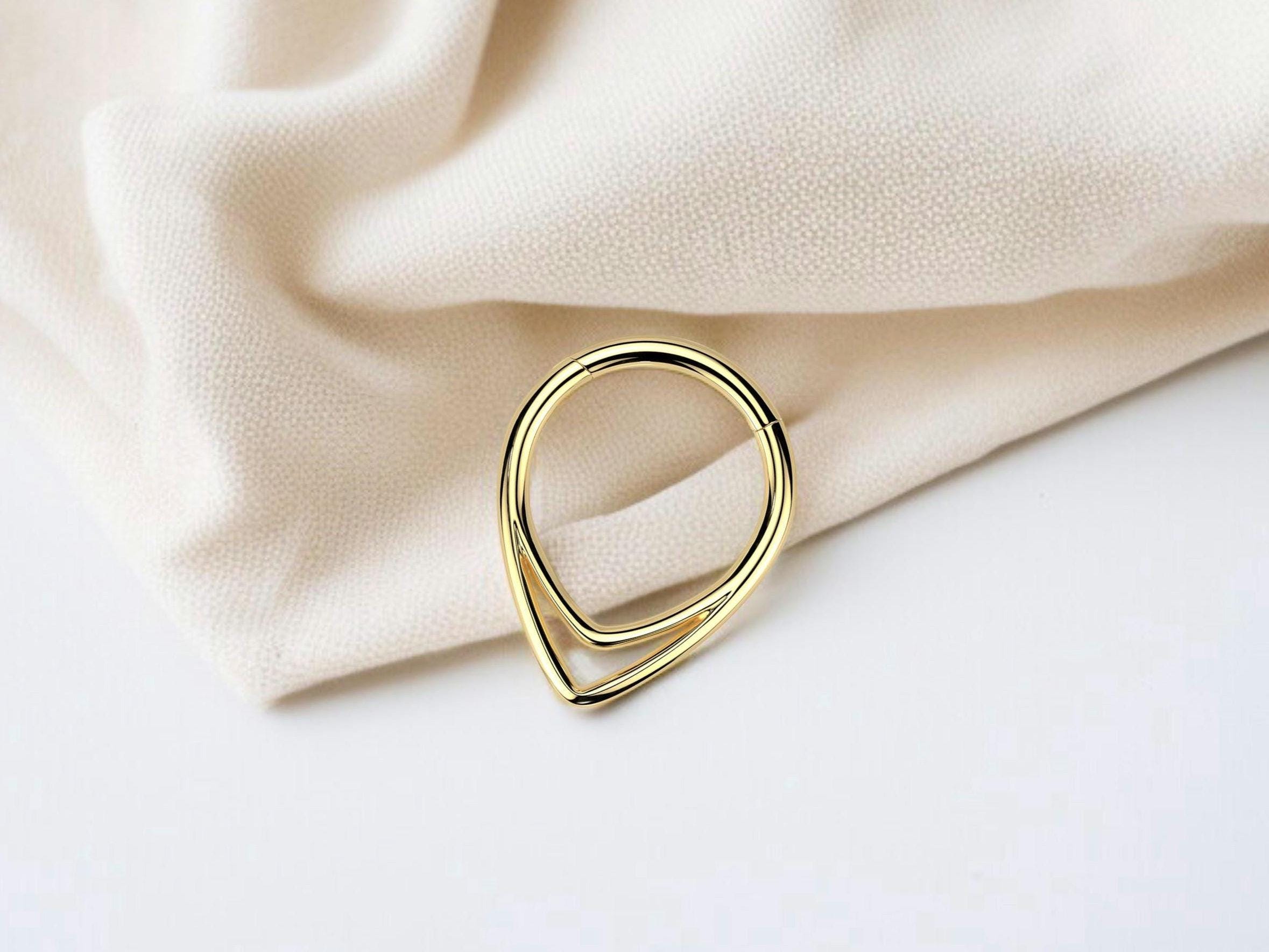 16G Titanium Double Line Septum Ring, V Shape Geometric Hinged Nose Hoop Clicker, Gold Septum Piercing Hoop