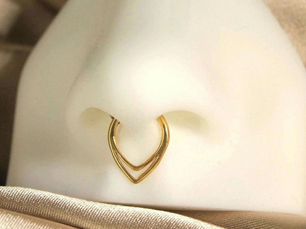 16G Titanium Double Line Septum Ring, V Shape Geometric Hinged Nose Hoop Clicker, Gold Septum Piercing Hoop