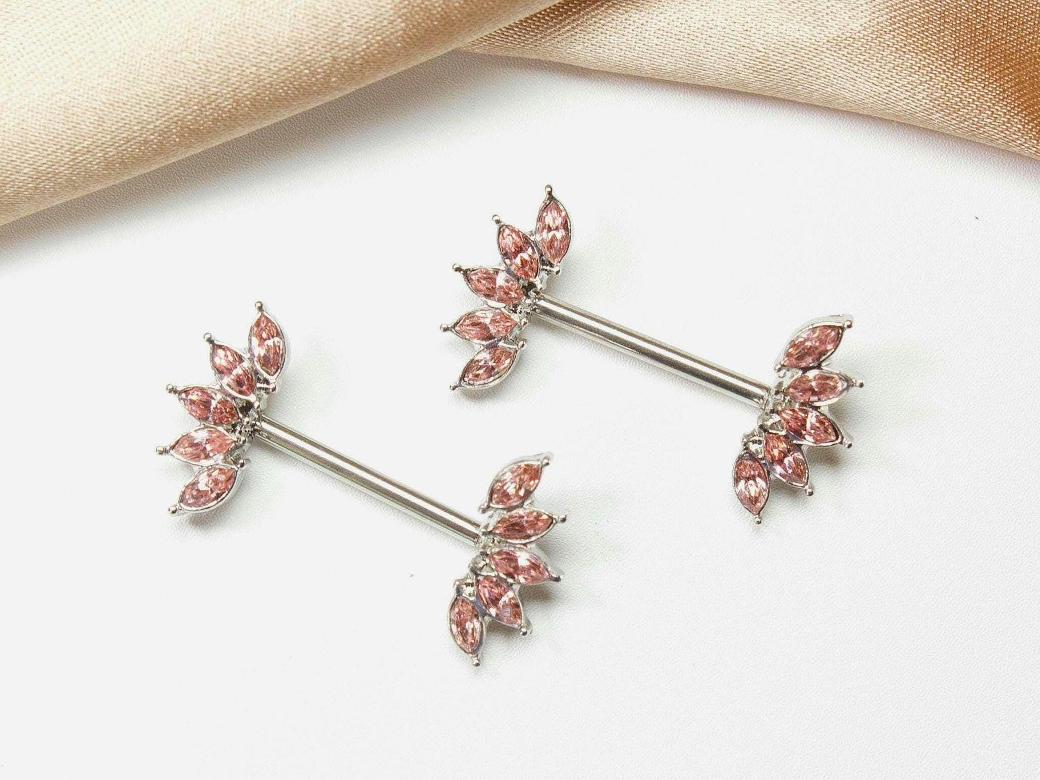 14G Pink Nipple Barbell, Floral Petal Marquise Gem Nipple Ring, Pair of Crystal Pink Nipple Piercing Sheild, Body Jewelry