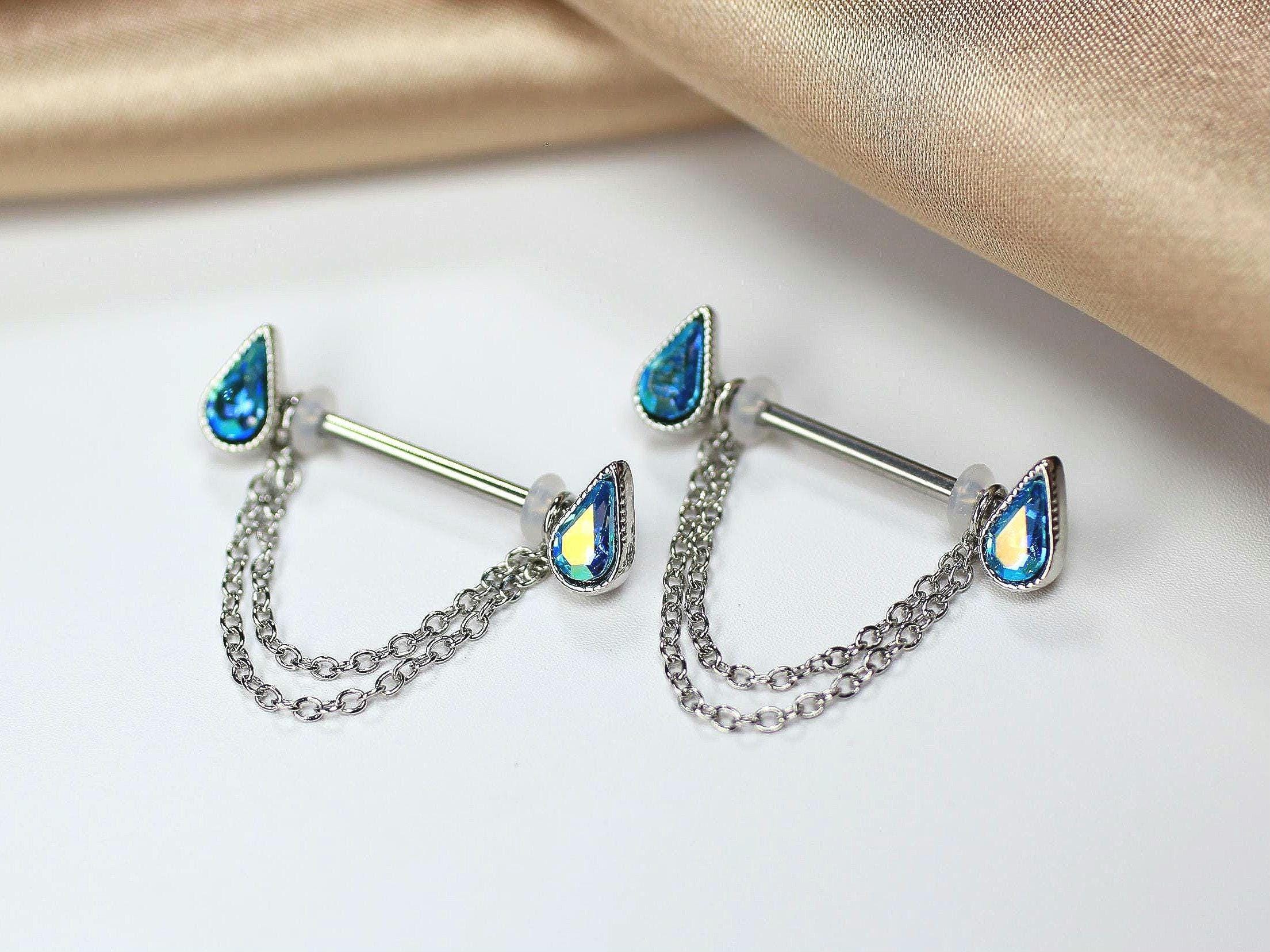 Teardrop Nipple Ring Barbell, Double Chain Dangle Nipple Piercing Jewelry, Water Drop Tropical Nipple Shield