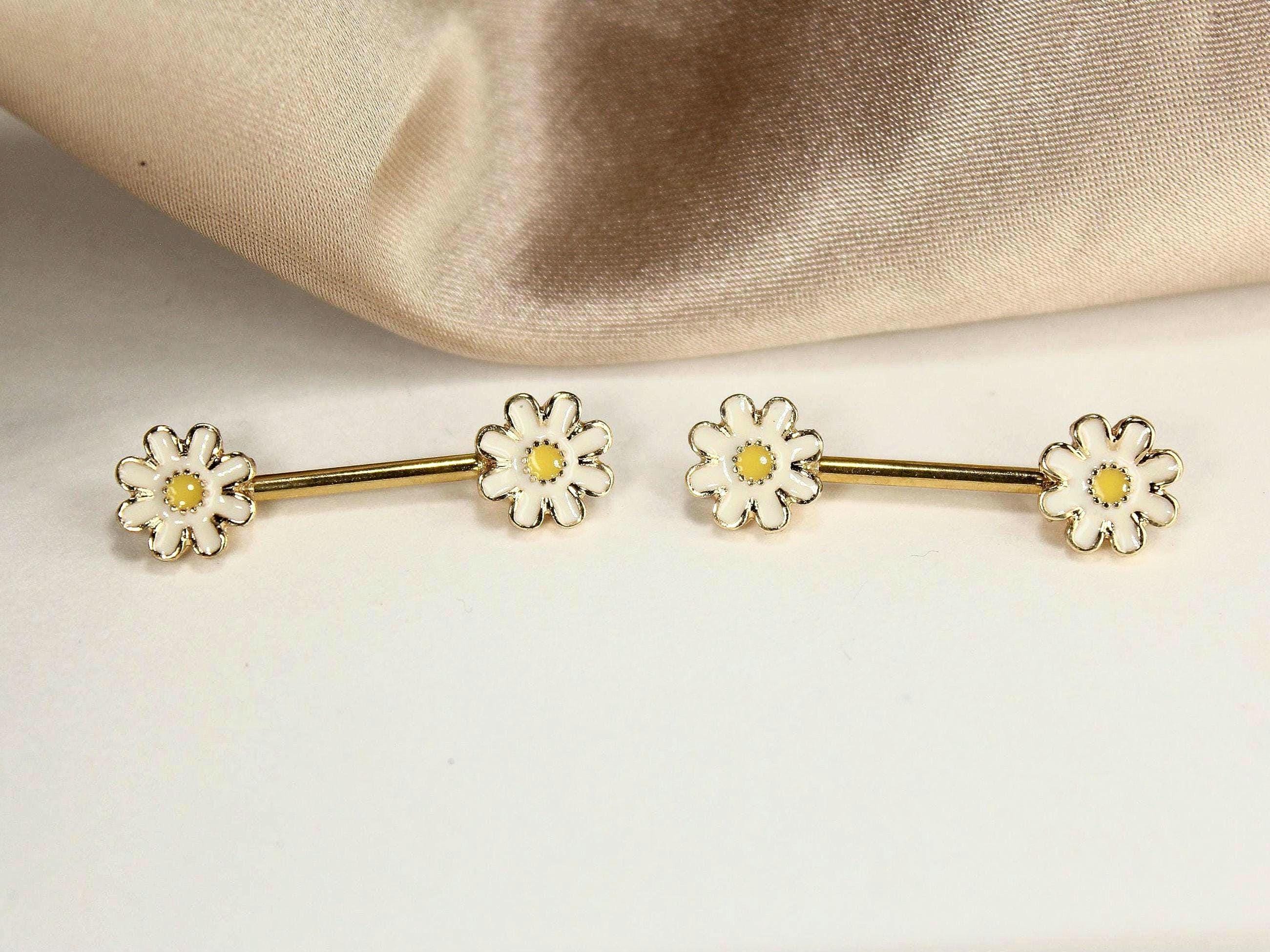 14G Gold Daisy Nipple Barbell, Pair of Dainty Daisy Floral Barbell Nipple Piercing Jewelry, Minimalist Nipple Ring, Custom Body Jewelry
