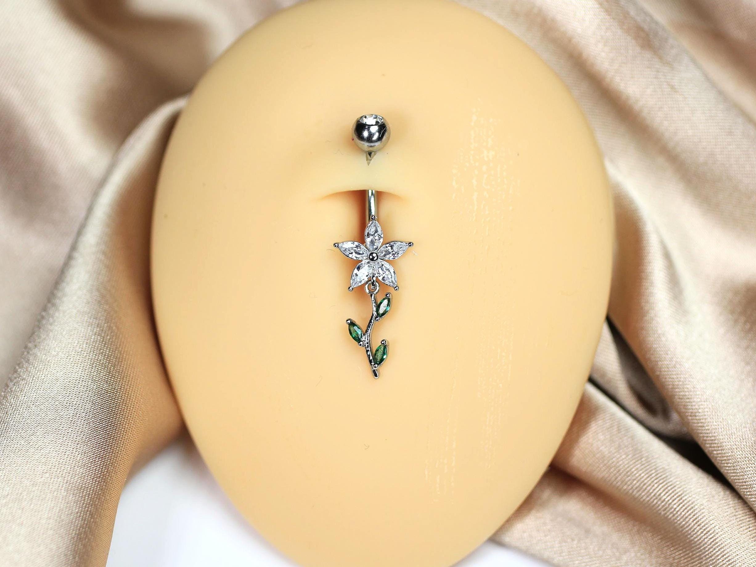 Leaf Floral Belly Button Ring, 14g Silver Dangling Navel Piercing, Cz Belly Body Jewelry