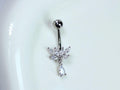 14g Titanium Floral CZ Belly Button Ring, Silver Dainty Dangling Navel Piercing, Minimalist Navel Body Jewelry