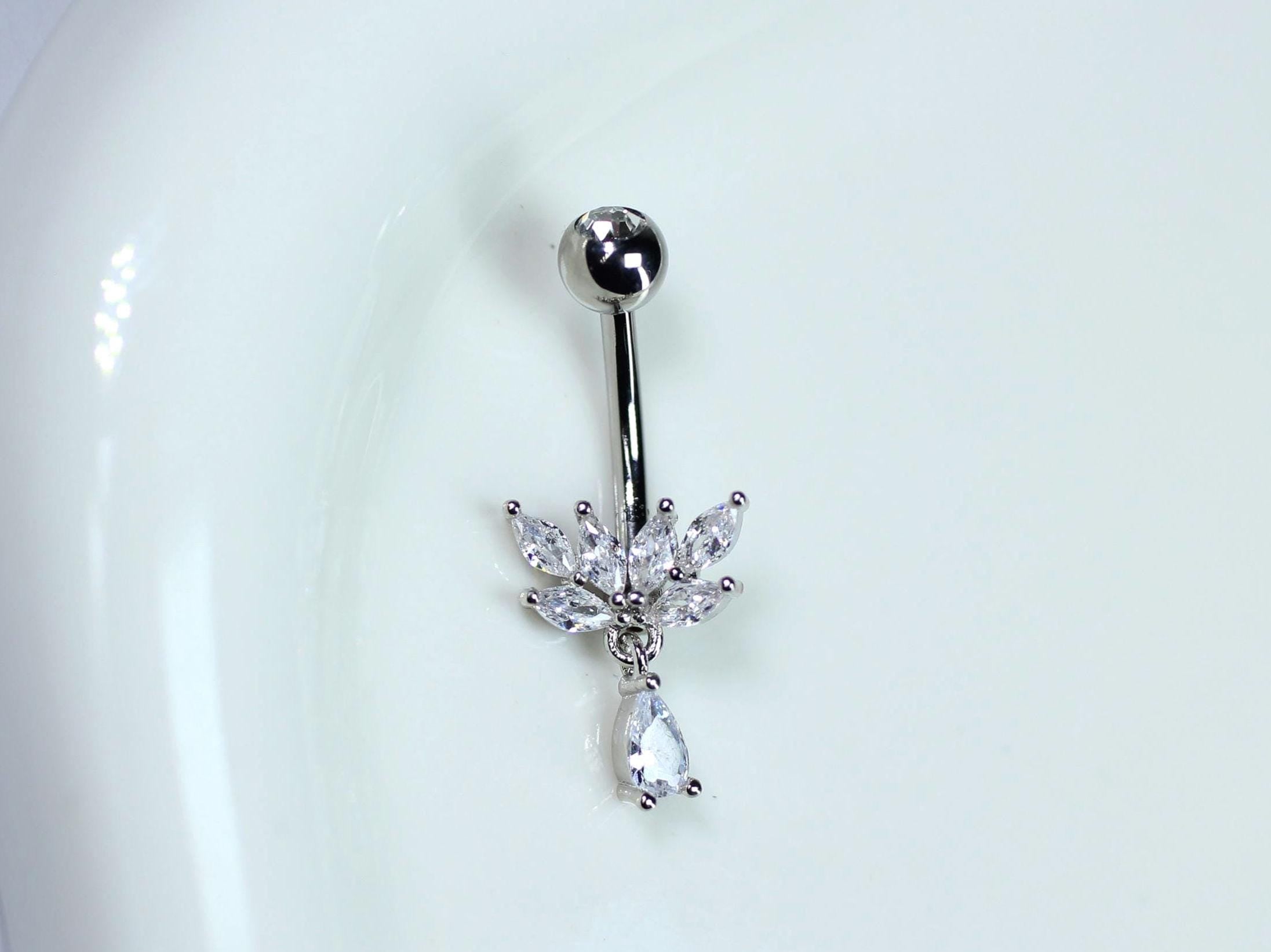 14g Titanium Floral CZ Belly Button Ring, Silver Dainty Dangling Navel Piercing, Minimalist Navel Body Jewelry