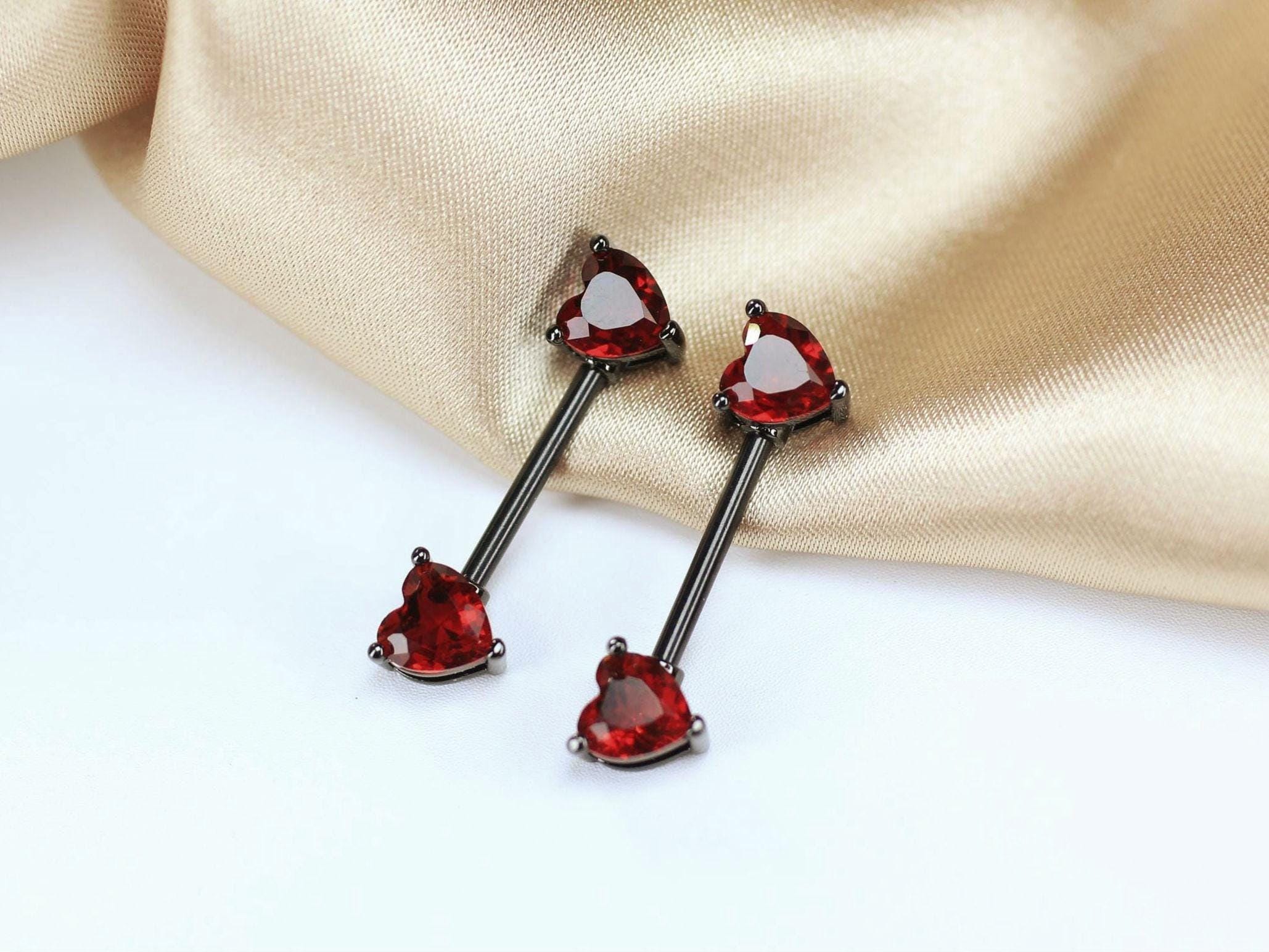 14G Red Heart Nipple Rings, Pair of Black Barbell Nipple Piercing Set, Custom Sizes Barbell, Red Stone Gem Decor Body Jewelry, Goth Piercing