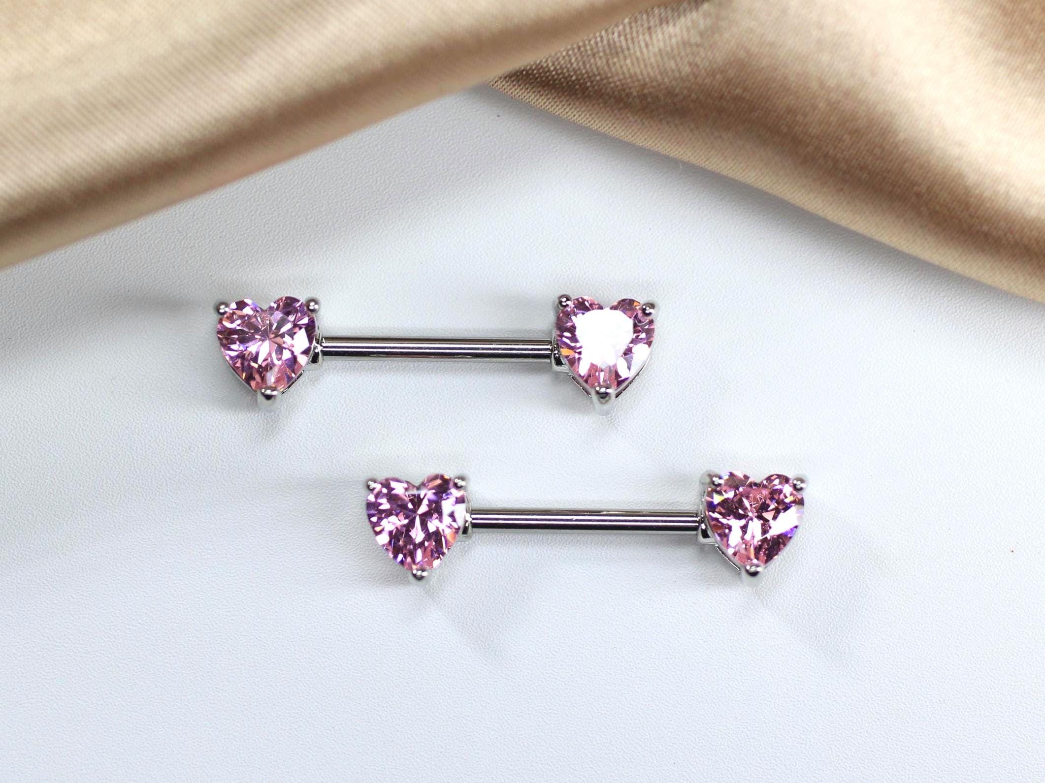 14G Pink Heart Nipple Barbell, Simple Heart Cz Nipple Piercing Jewelry, Nipple Ring