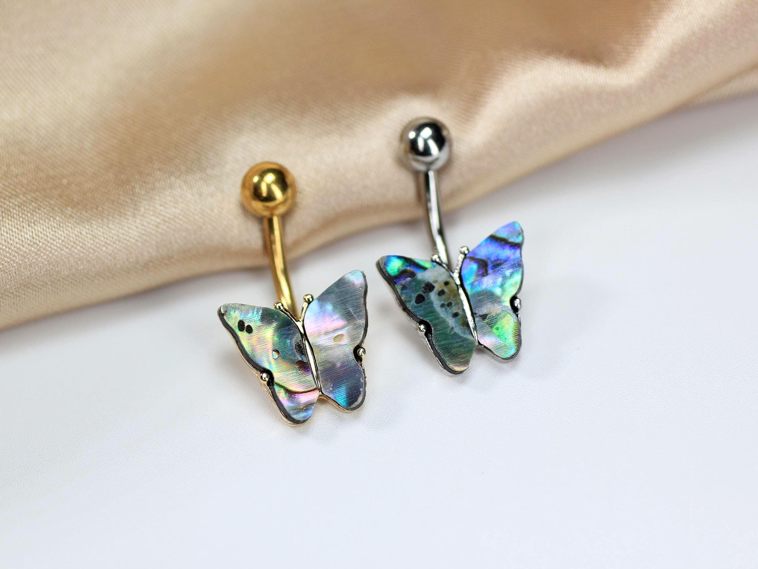 14G Abalone Shell Butterfly Belly Button Ring, Gold Navel Piercing Jewelry, Natural Shell Belly Piercing, Silver Body Jewelry