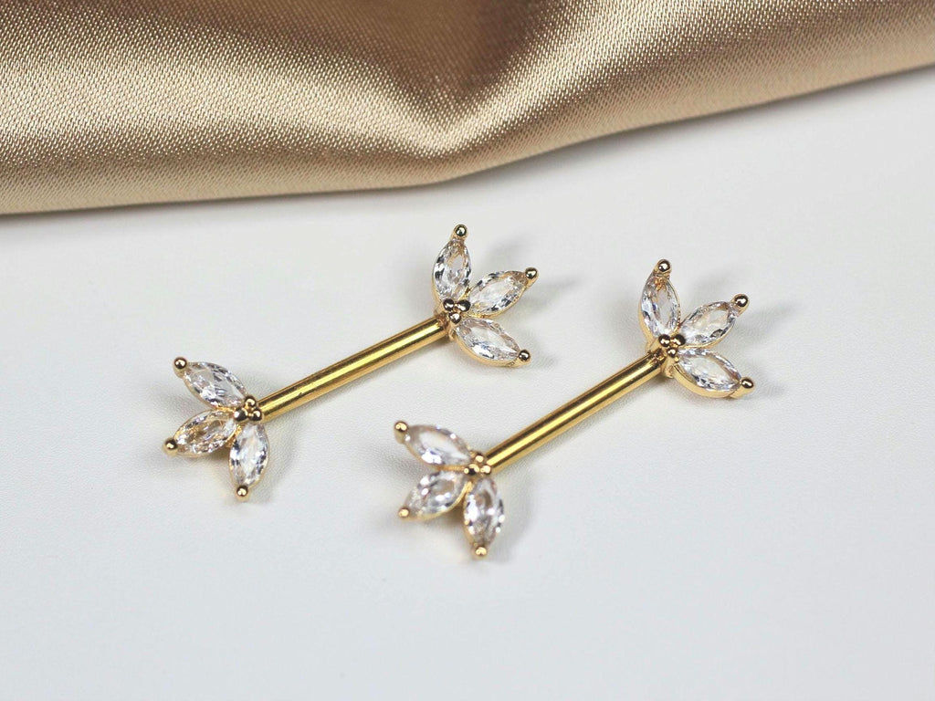 Gold Marquise Leaf Nipple Barbell Pair, 14g Floral Petal Gem Nipple Piercing Jewelry, Aesthetic Gold Body Jewelry