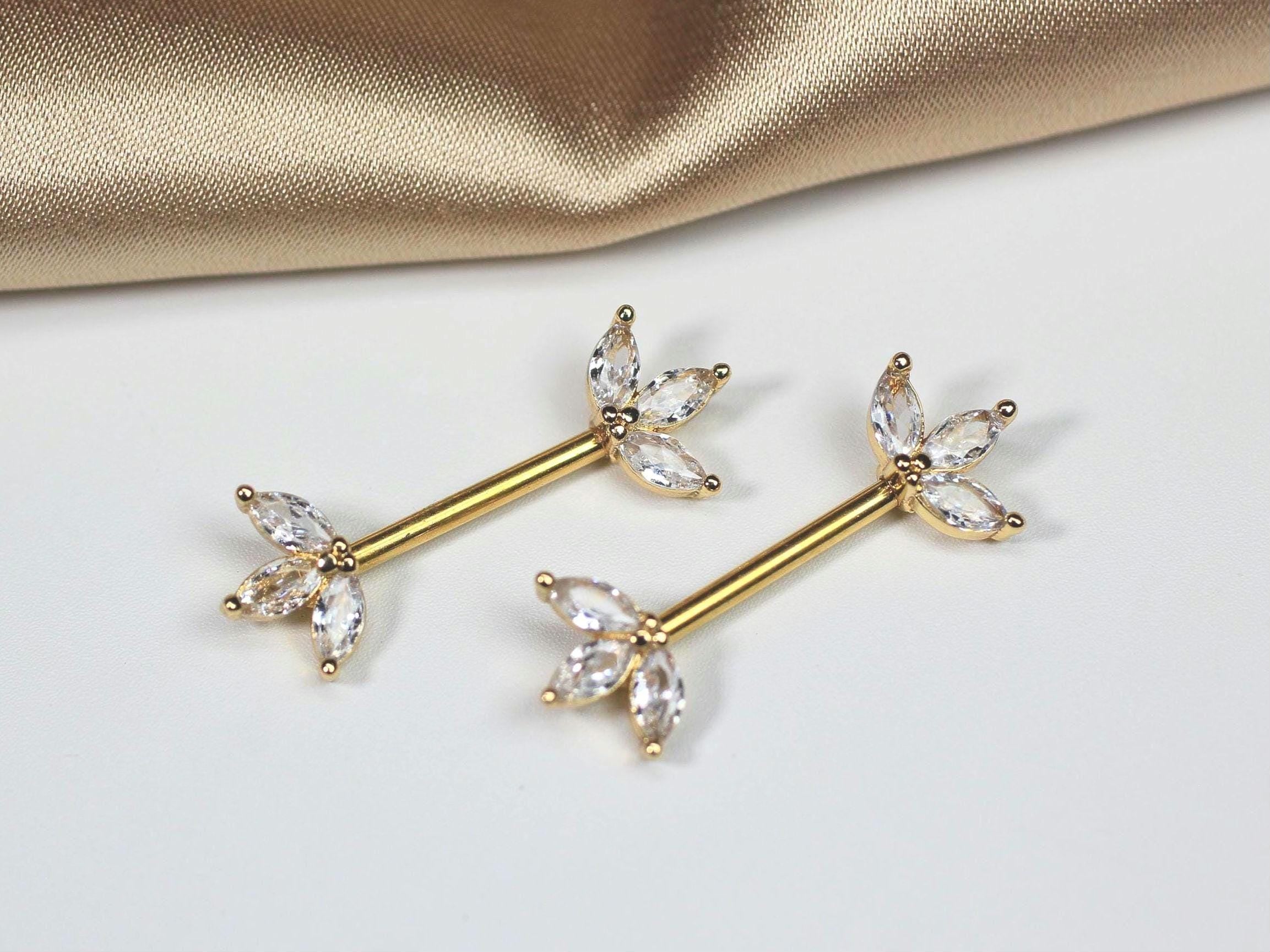 Gold Marquise Leaf Nipple Barbell Pair, 14g Floral Petal Gem Nipple Piercing Jewelry, Aesthetic Gold Body Jewelry