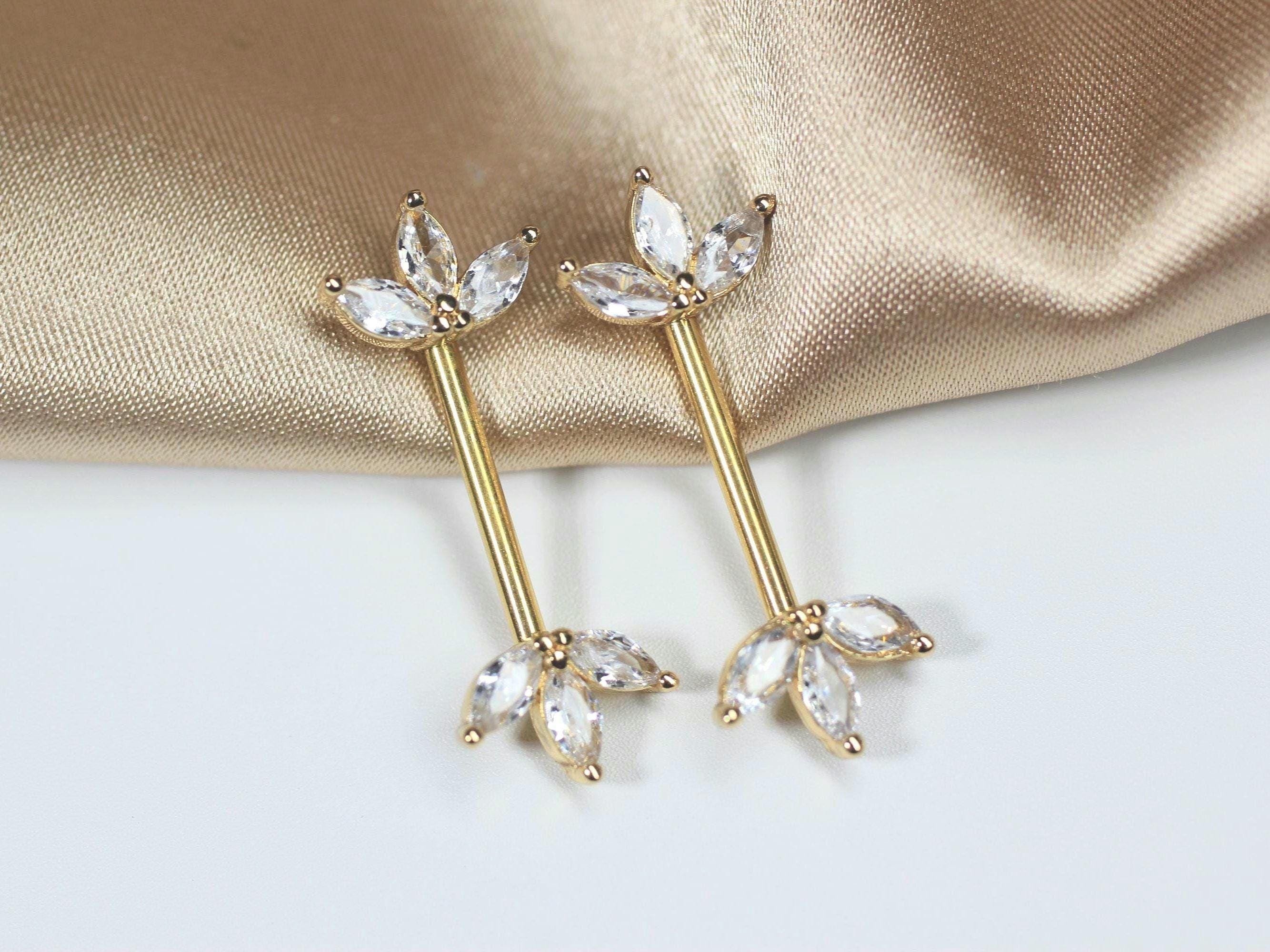 Gold Marquise Leaf Nipple Barbell Pair, 14g Floral Petal Gem Nipple Piercing Jewelry, Aesthetic Gold Body Jewelry