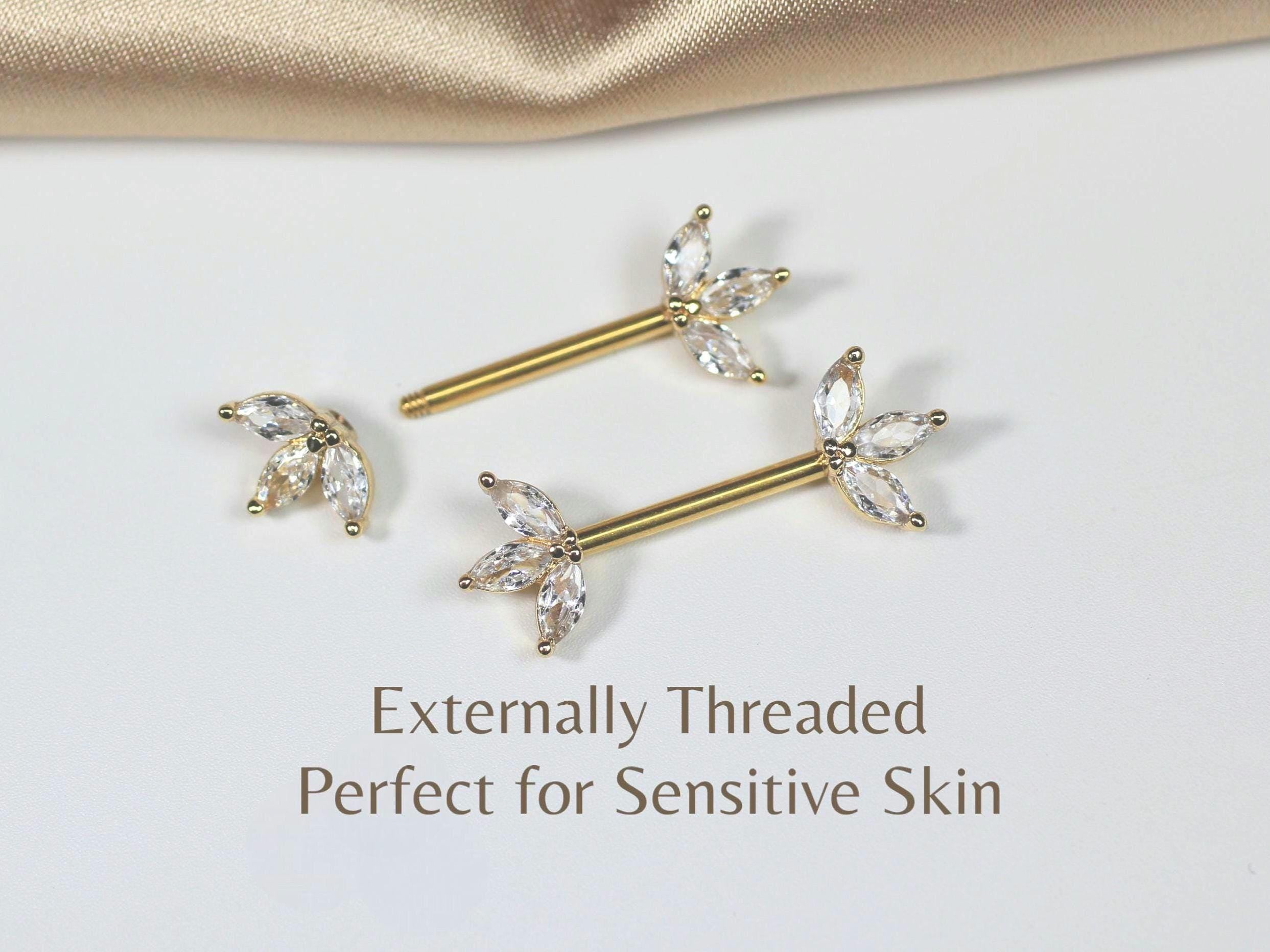 Gold Marquise Leaf Nipple Barbell Pair, 14g Floral Petal Gem Nipple Piercing Jewelry, Aesthetic Gold Body Jewelry
