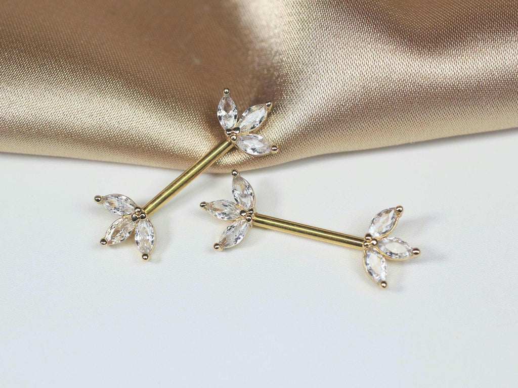 Gold Marquise Leaf Nipple Barbell Pair, 14g Floral Petal Gem Nipple Piercing Jewelry, Aesthetic Gold Body Jewelry