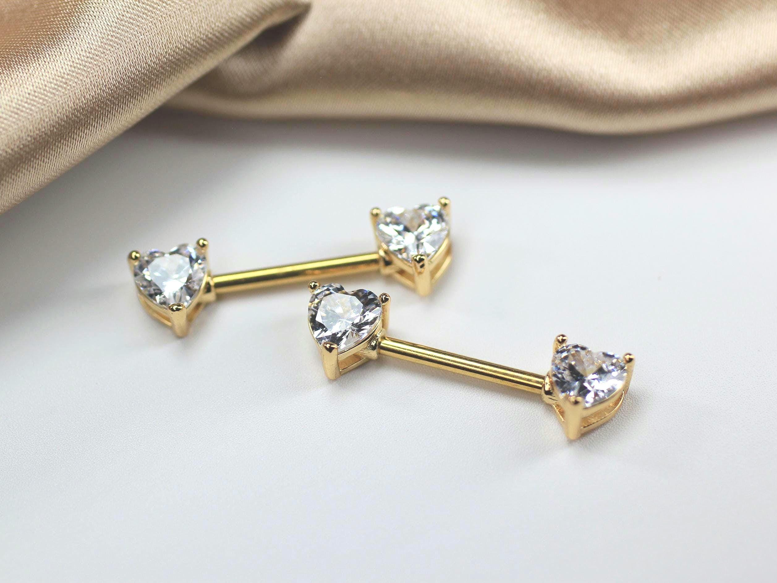 14g Gold Heart Nipple Barbell, Pair of Simple CZ Heart Nipple Piercing Ring, Nipple Jewelry