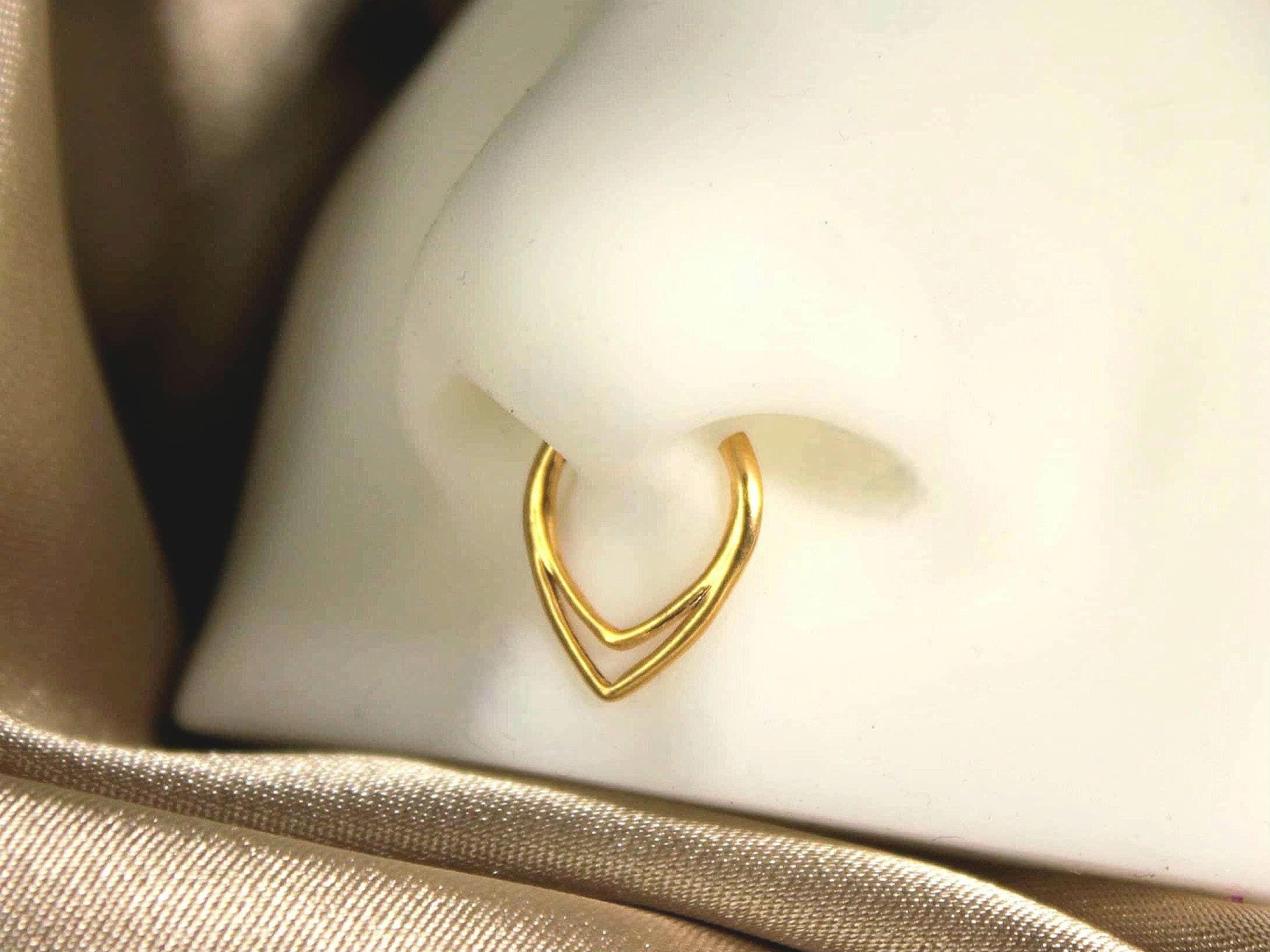 16G Titanium Double Line Septum Ring, V Shape Geometric Hinged Nose Hoop Clicker, Gold Septum Piercing Hoop