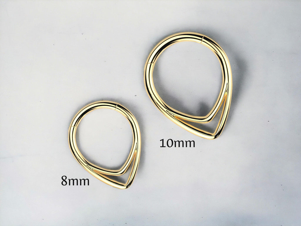 16G Titanium Double Line Septum Ring, V Shape Geometric Hinged Nose Hoop Clicker, Gold Septum Piercing Hoop