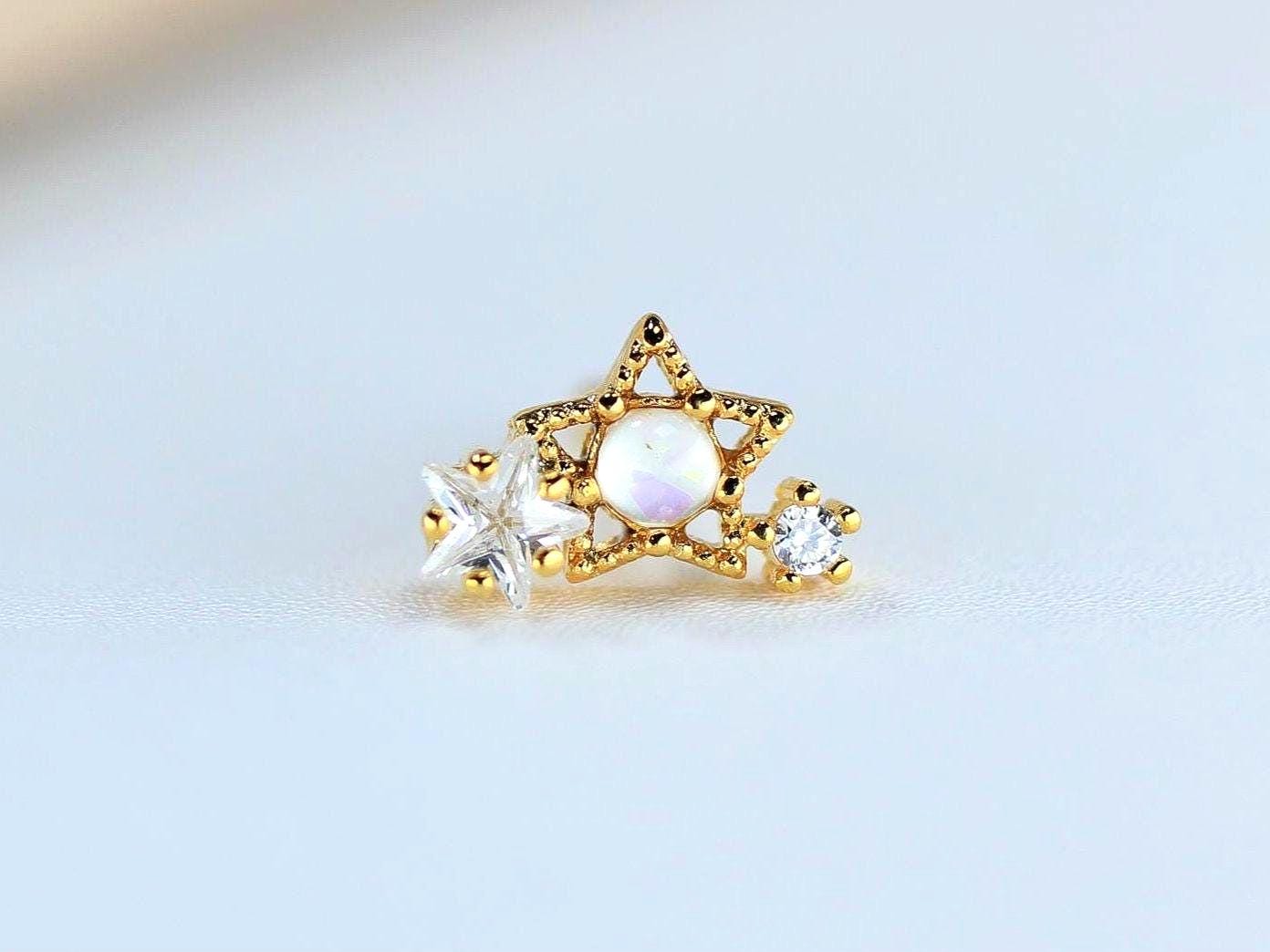 20g Star Cluster Gold L Shape Nose Stud, Opal and Star Decor Gem Top L Bend Type Nose Piercing Jewelry