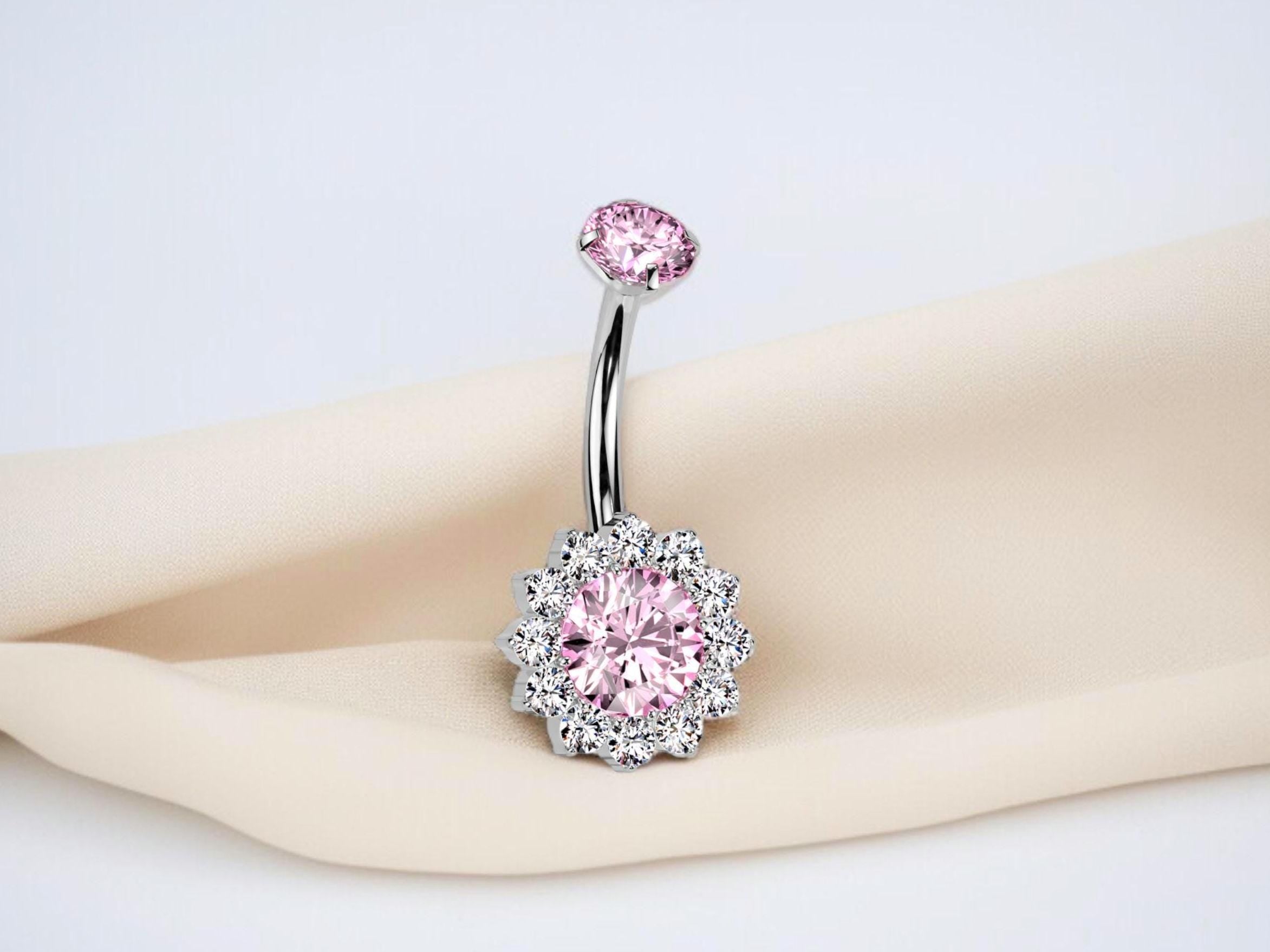 Titanium Floral Belly Ring, Pink Flower Internally Threaded Navel Piercing Ring, 14G Cute Navel Jewelry