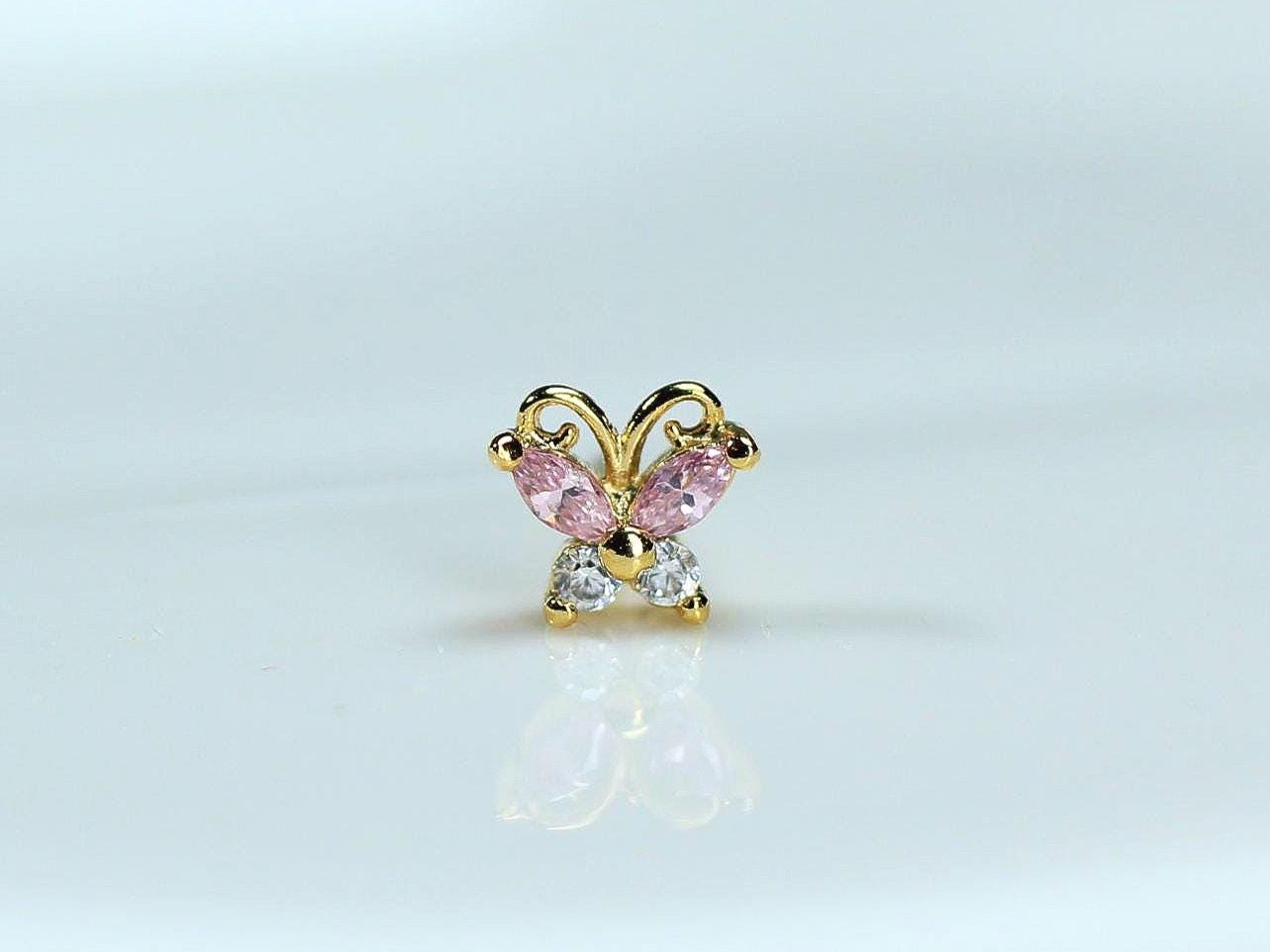 Butterfly Nose Stud, 20g Pink Cz Gem Gold Butterfly L Shape Nose Ring, Nose Piercing Jewelry