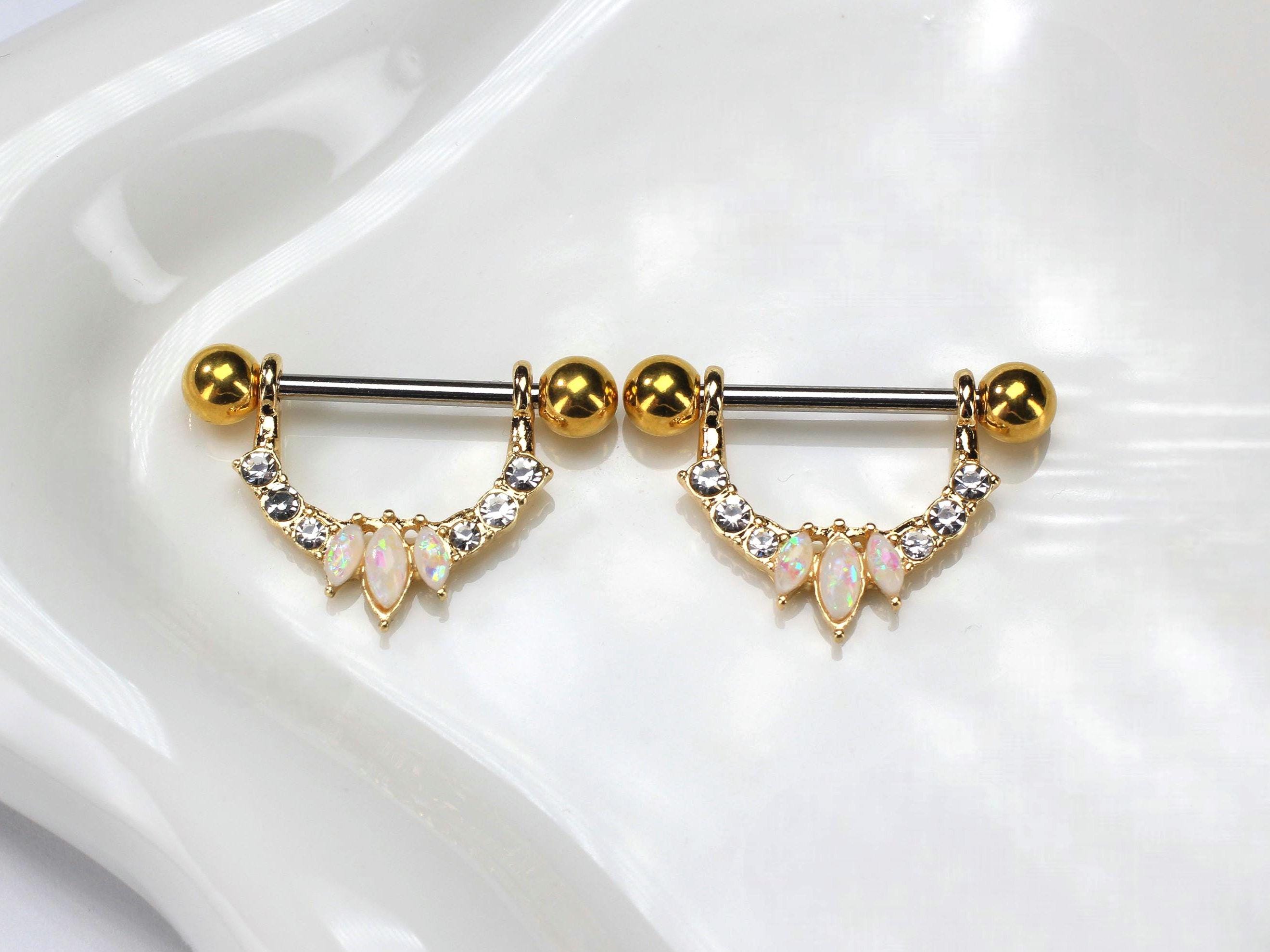 Opal Dangle Nipple Ring Gold, Marquise Cut Opal Nipple Barbell Piercing, Cz Gem Nipple Shield for Women