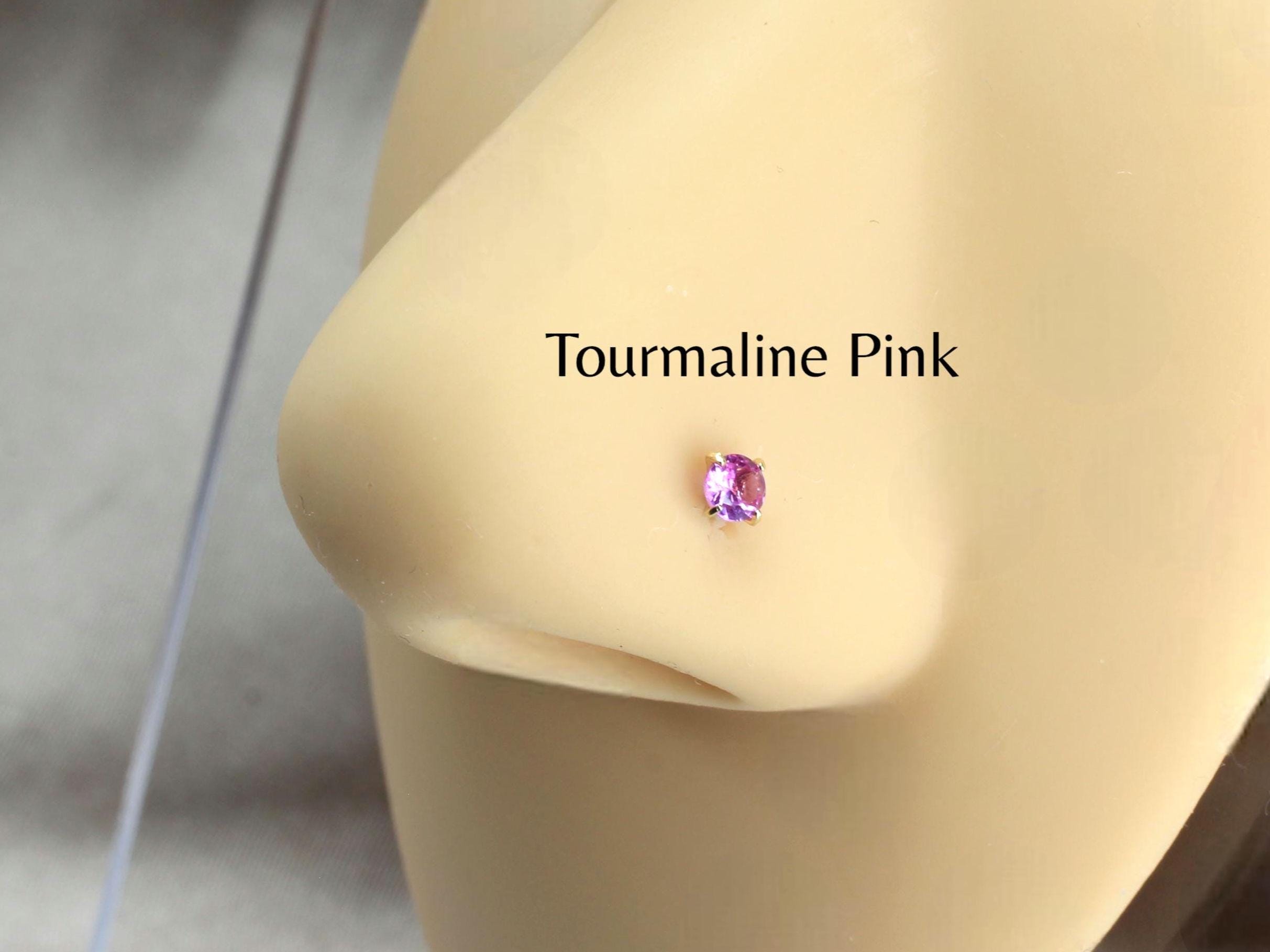 14K Gold Nose Stud, Pink Blue Green CZ Gem Nose Piercing Jewelry, 20g Ball End Straight Nose Bone Stud