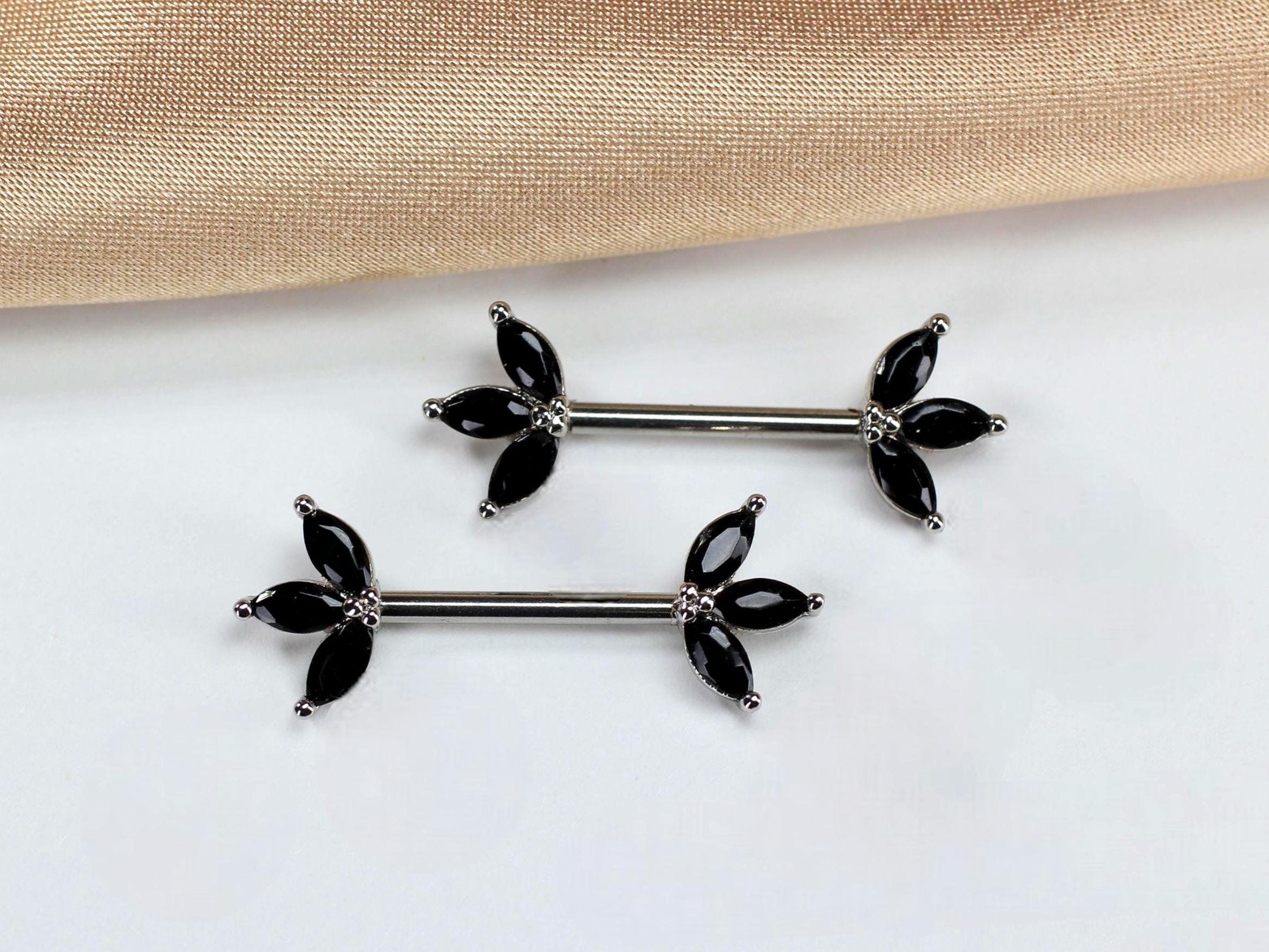 14G Black Marquise Nipple Barbell Set, Floral Leaf Nipple Rings, Petal Style Gothic Nipple Piercing Jewelry, Pair of Nipple Shields