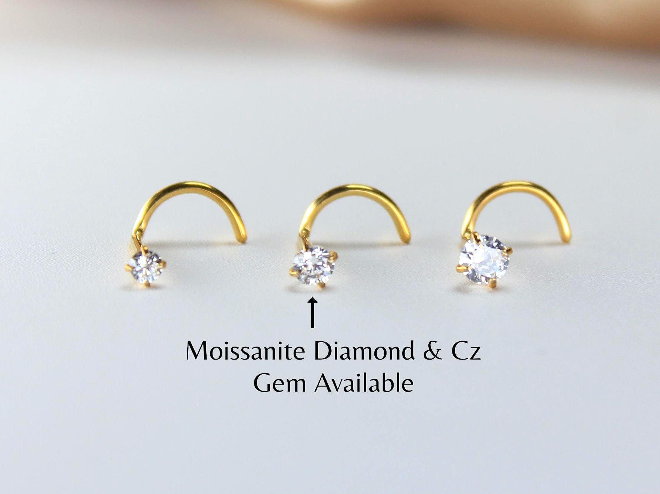 Gold Corkscrew Nose Stud 20g, Implant Grade Titanium Twist Screw Nose Ring with Round Cz Moissanite Gem, Nose Piercing Body Jewelry