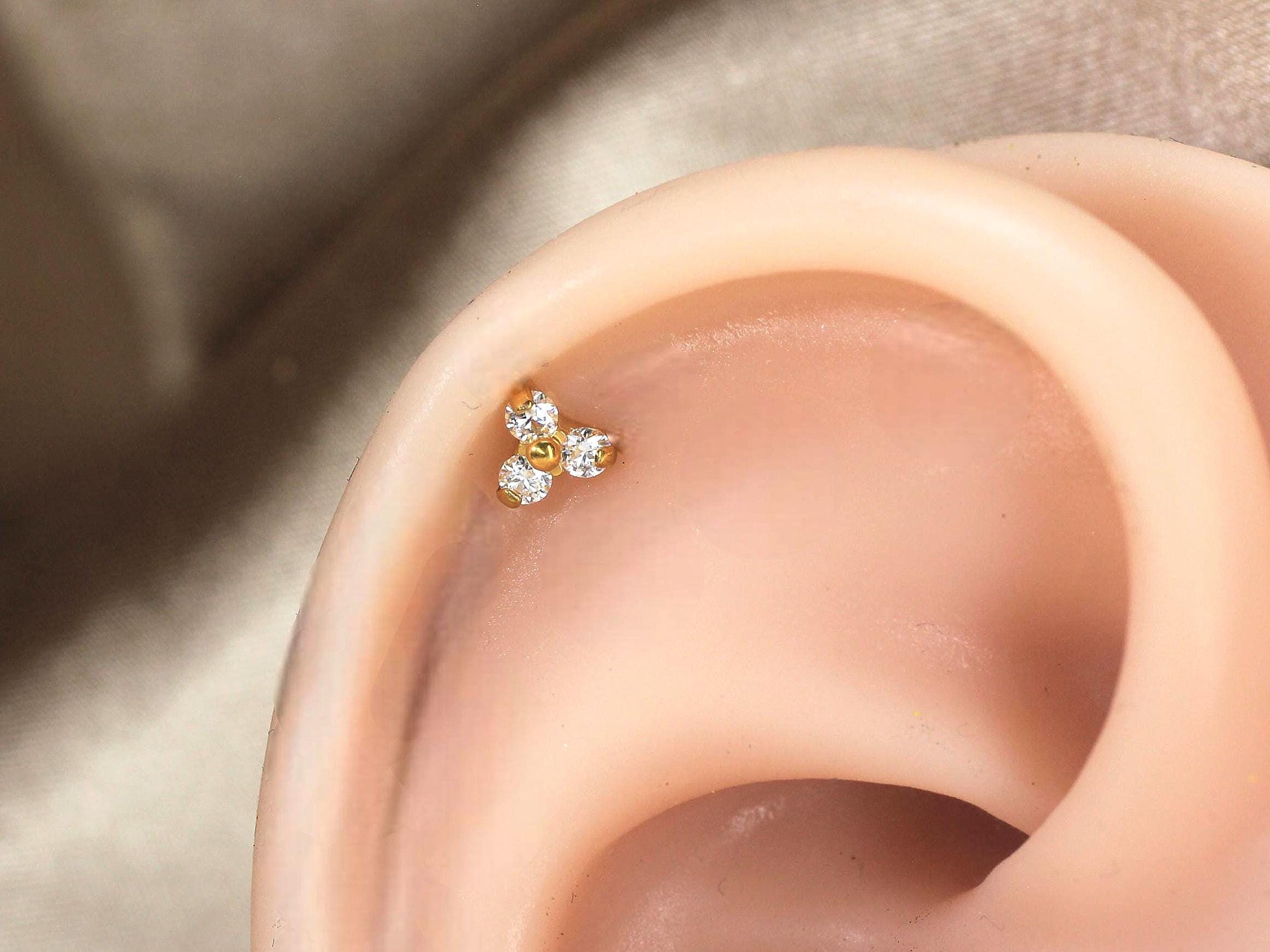 Gold Floral CZ Titanium Push Pin Stud, Titanium Flatback Push-in Stud, Helix,Cartilage Piercing Earring, Cz Flat back Threadless Stud