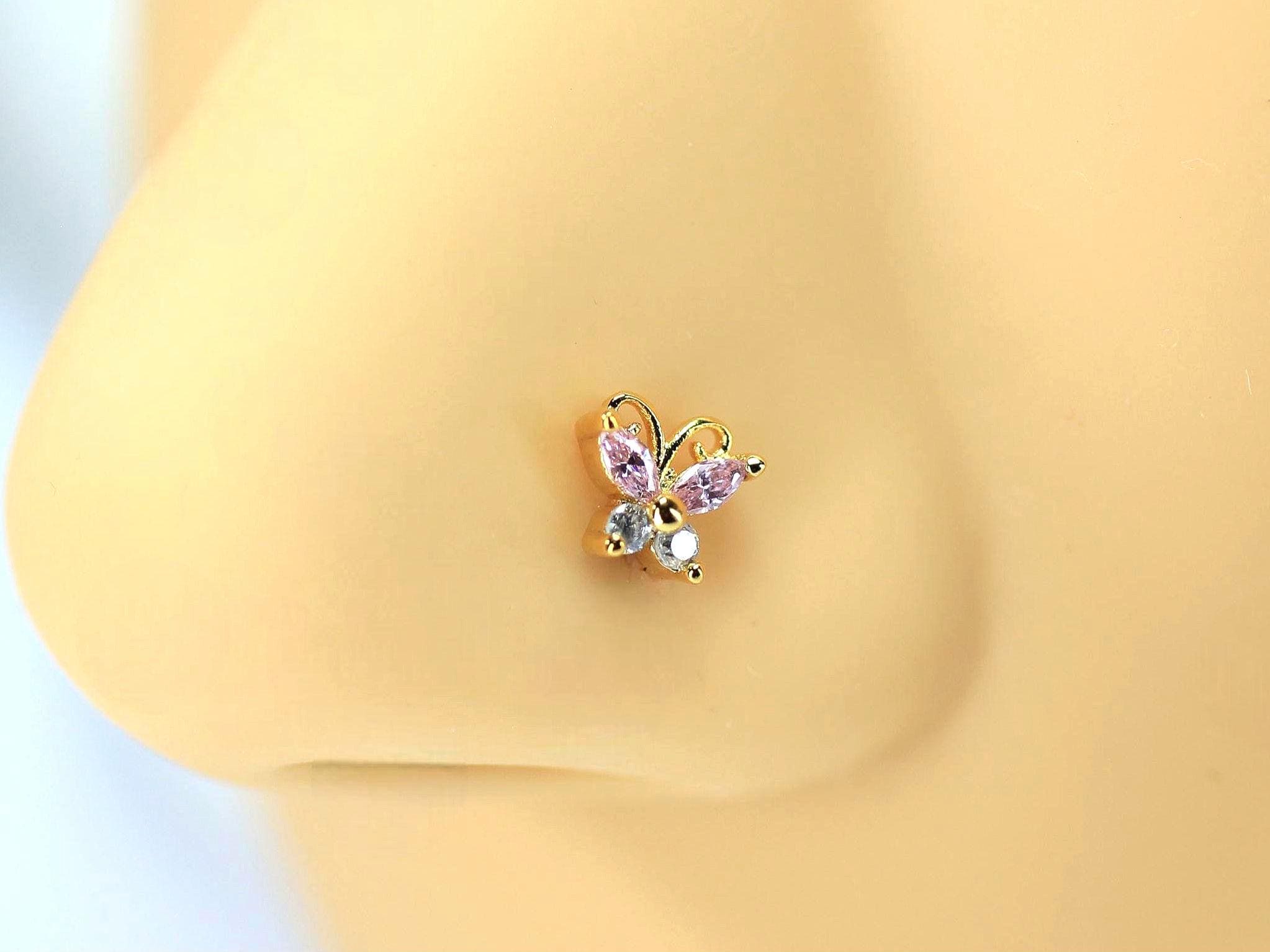Dainty Pink Butterfly Nose Stud, 20g Cute CZ Gem Nose Bone Piercing Jewelry, L Shape Nose Ring
