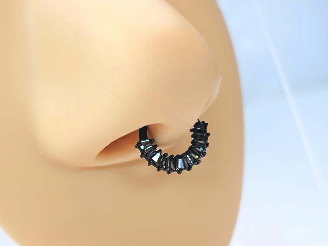 Implant Grade Titanium Black Septum Clicker Ring, Green Baguette Gem Septum Ring, Vitrail Gemstone Septum Hoop