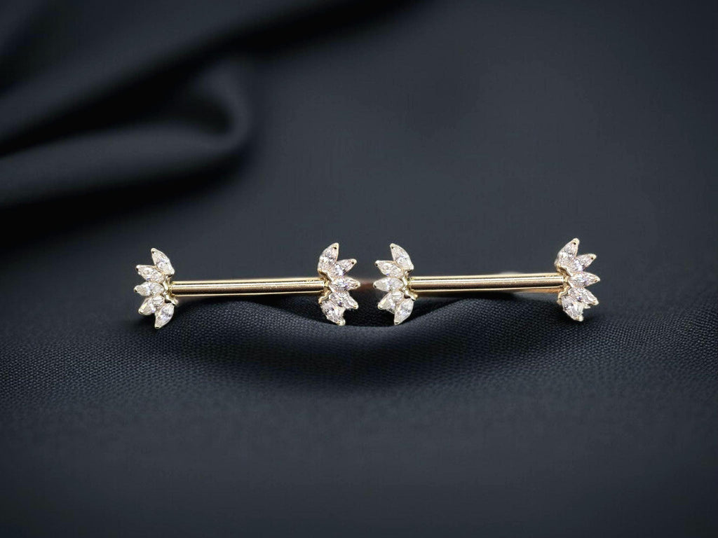 14k Solid Gold Floral Nipple Ring Pair, Internally Threaded Push Pin Flower Marquise Cut Gem Nipple Piercing Barbell, Nipple Jewelry
