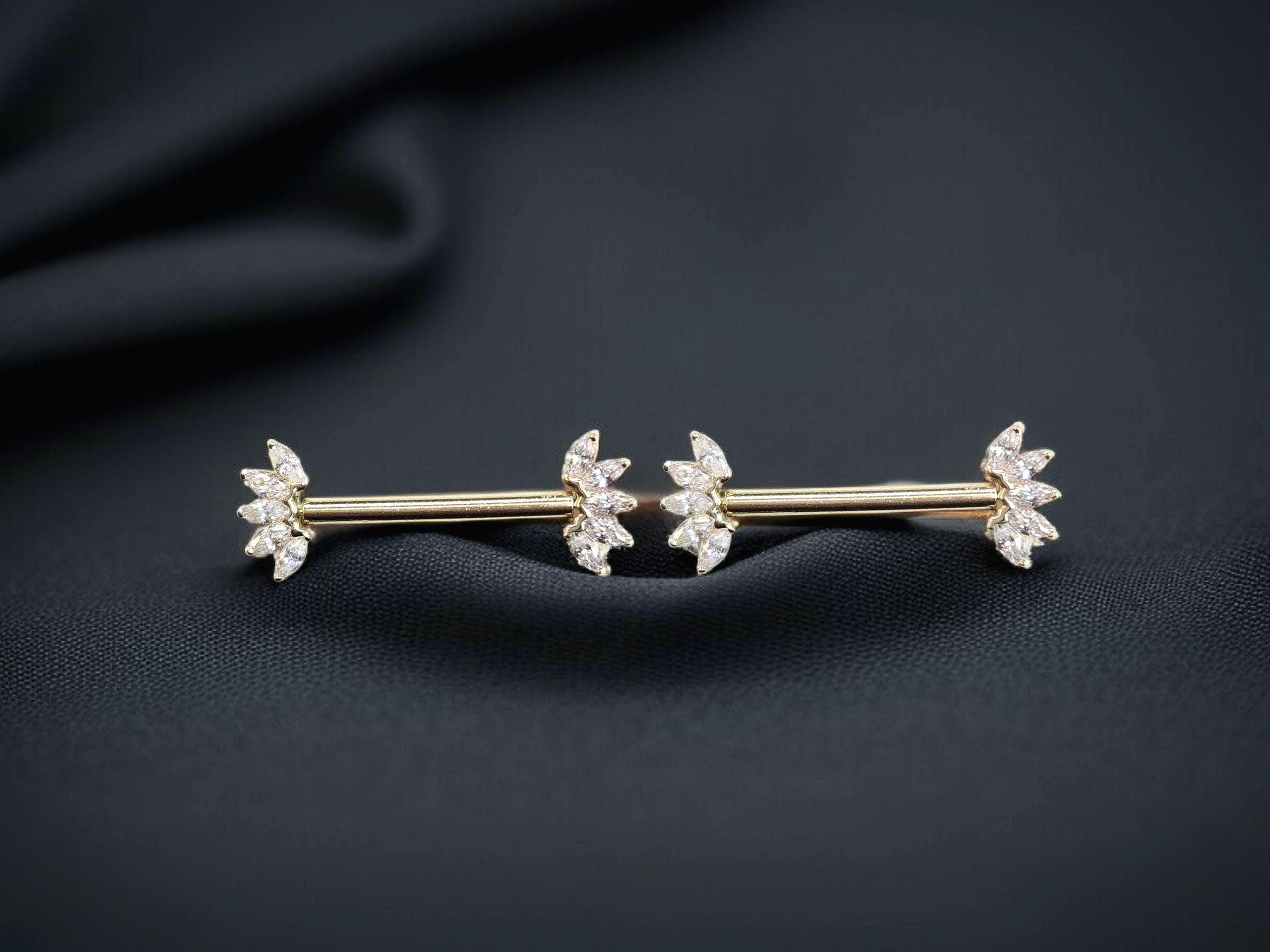 14k Solid Gold Floral Nipple Ring Pair, Internally Threaded Push Pin Flower Marquise Cut Gem Nipple Piercing Barbell, Nipple Jewelry