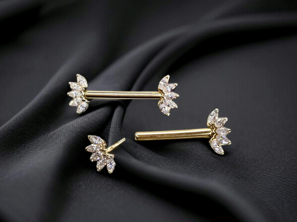 14k Solid Gold Floral Nipple Ring Pair, Internally Threaded Push Pin Flower Marquise Cut Gem Nipple Piercing Barbell, Nipple Jewelry