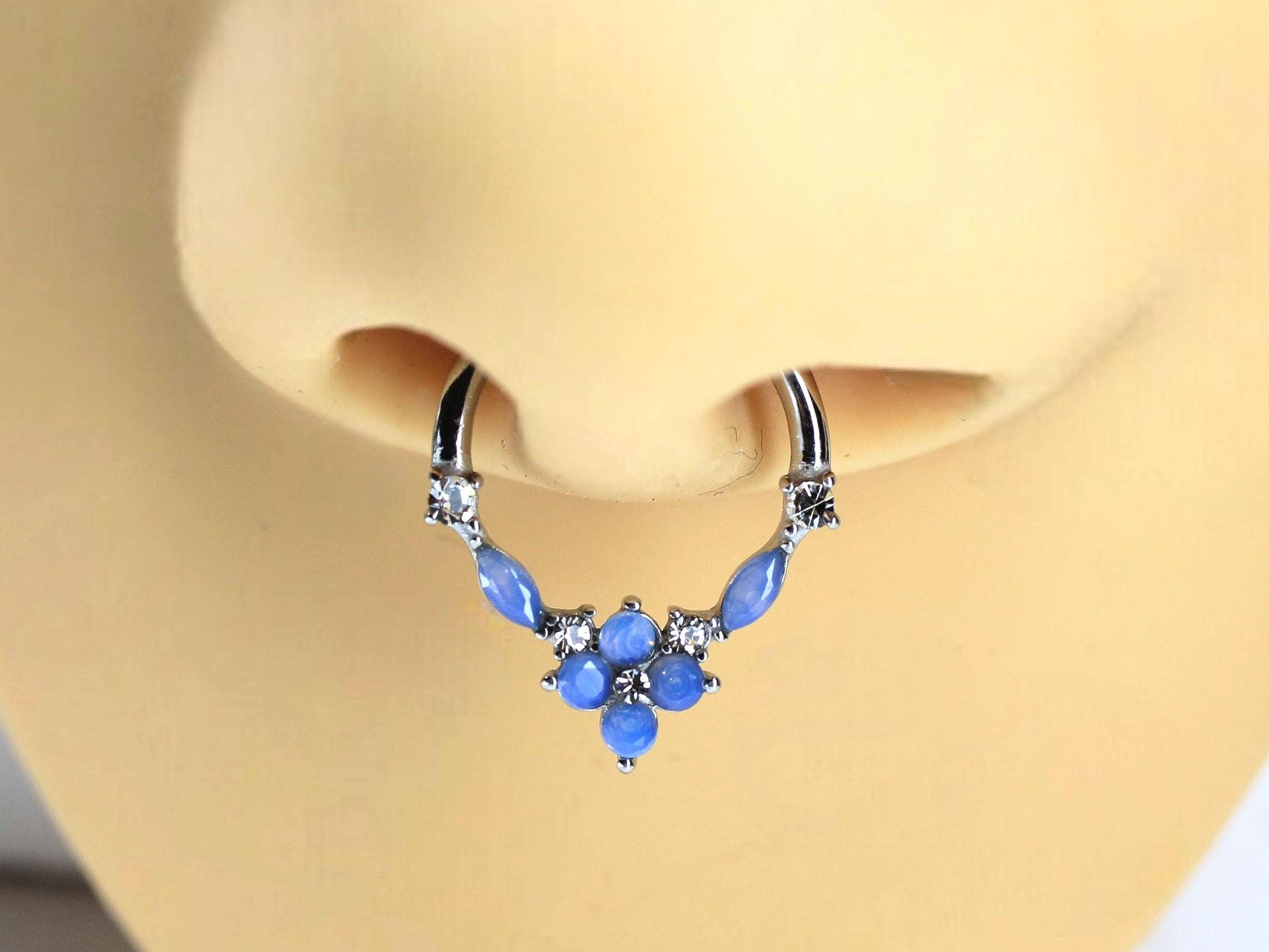 Beautiful Blue Opal Flower Septum Ring, 16g 14g Hinged Clicker Hoop, Floral Nose Septum Piercing Jewelry