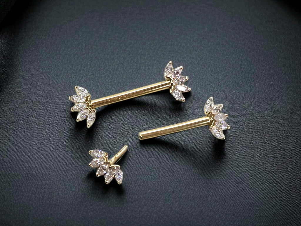 14k Solid Gold Floral Nipple Ring Pair, Internally Threaded Push Pin Flower Marquise Cut Gem Nipple Piercing Barbell, Nipple Jewelry