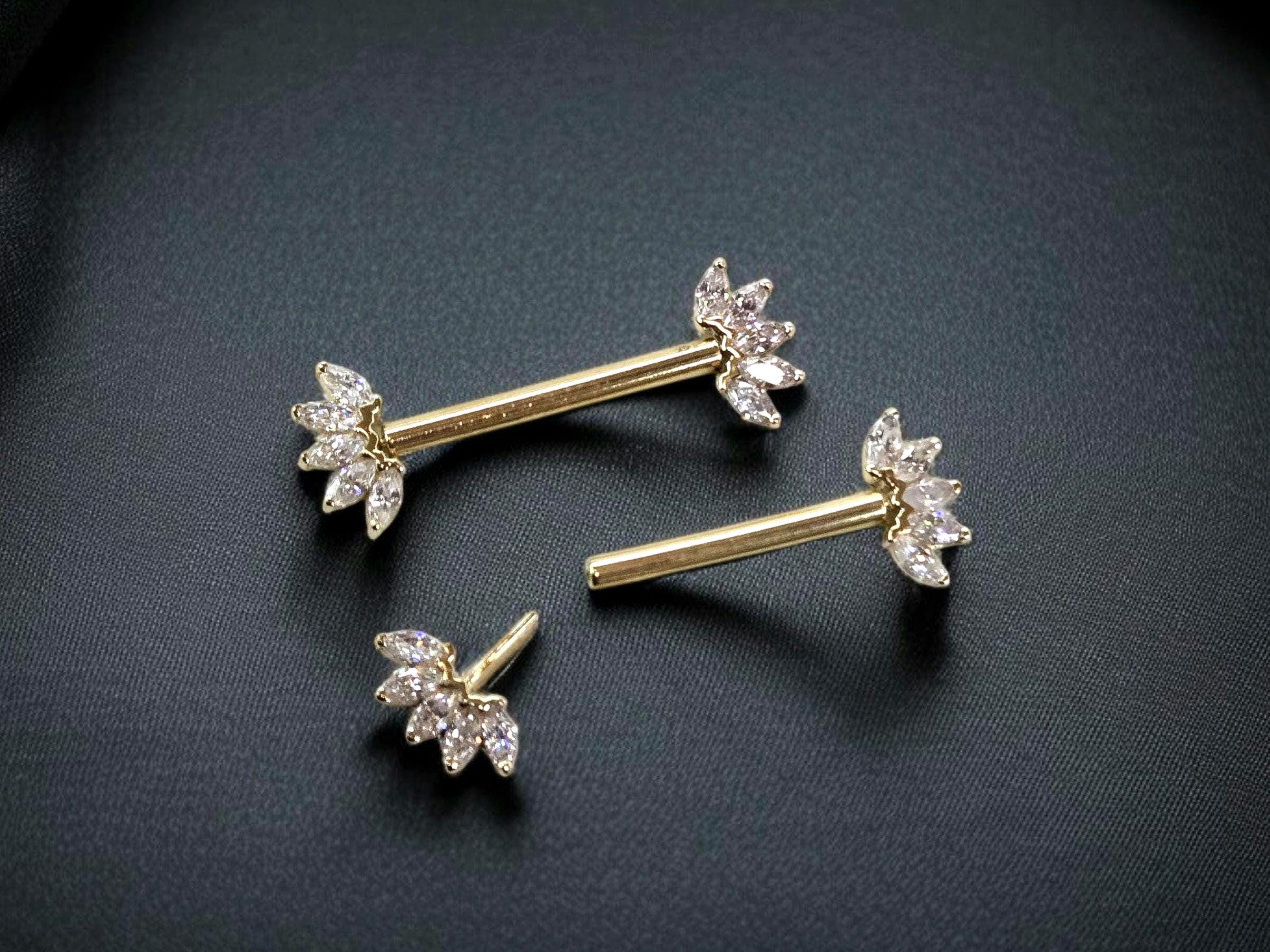 14k Solid Gold Floral Nipple Ring Pair, Internally Threaded Push Pin Flower Marquise Cut Gem Nipple Piercing Barbell, Nipple Jewelry