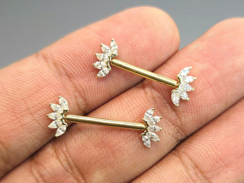 14k Solid Gold Floral Nipple Ring Pair, Internally Threaded Push Pin Flower Marquise Cut Gem Nipple Piercing Barbell, Nipple Jewelry