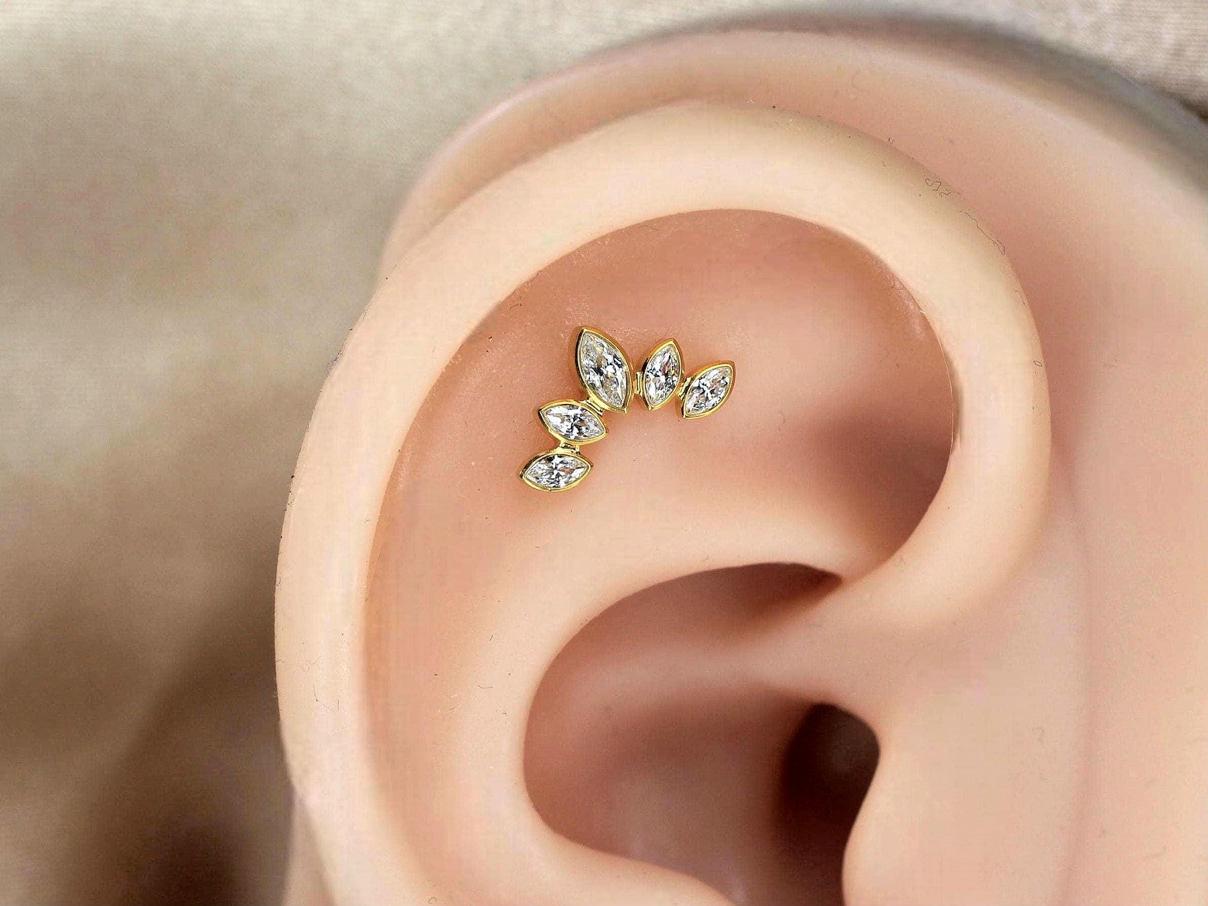 18G Marquise Floral Gold Push Pin Labret Stud, Titanium CZ Fan Flat Back Earring, Helix Conch Cartilage Jewelry