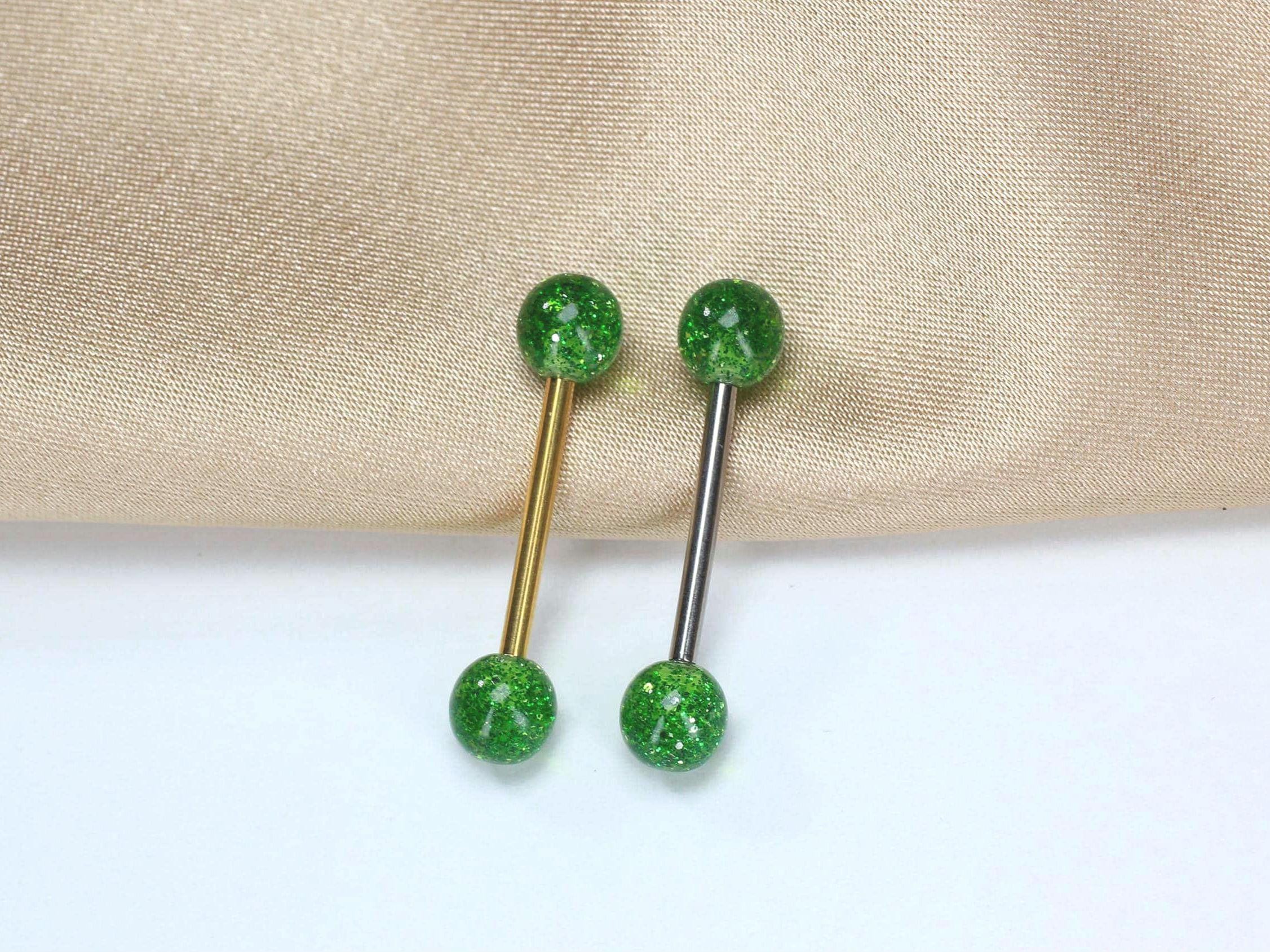 14G Green Glitter Nipple Barbell, Acrylic Ball Nipple Piercing Jewelry, Gold Silver Body Jewelry, Pair of 2