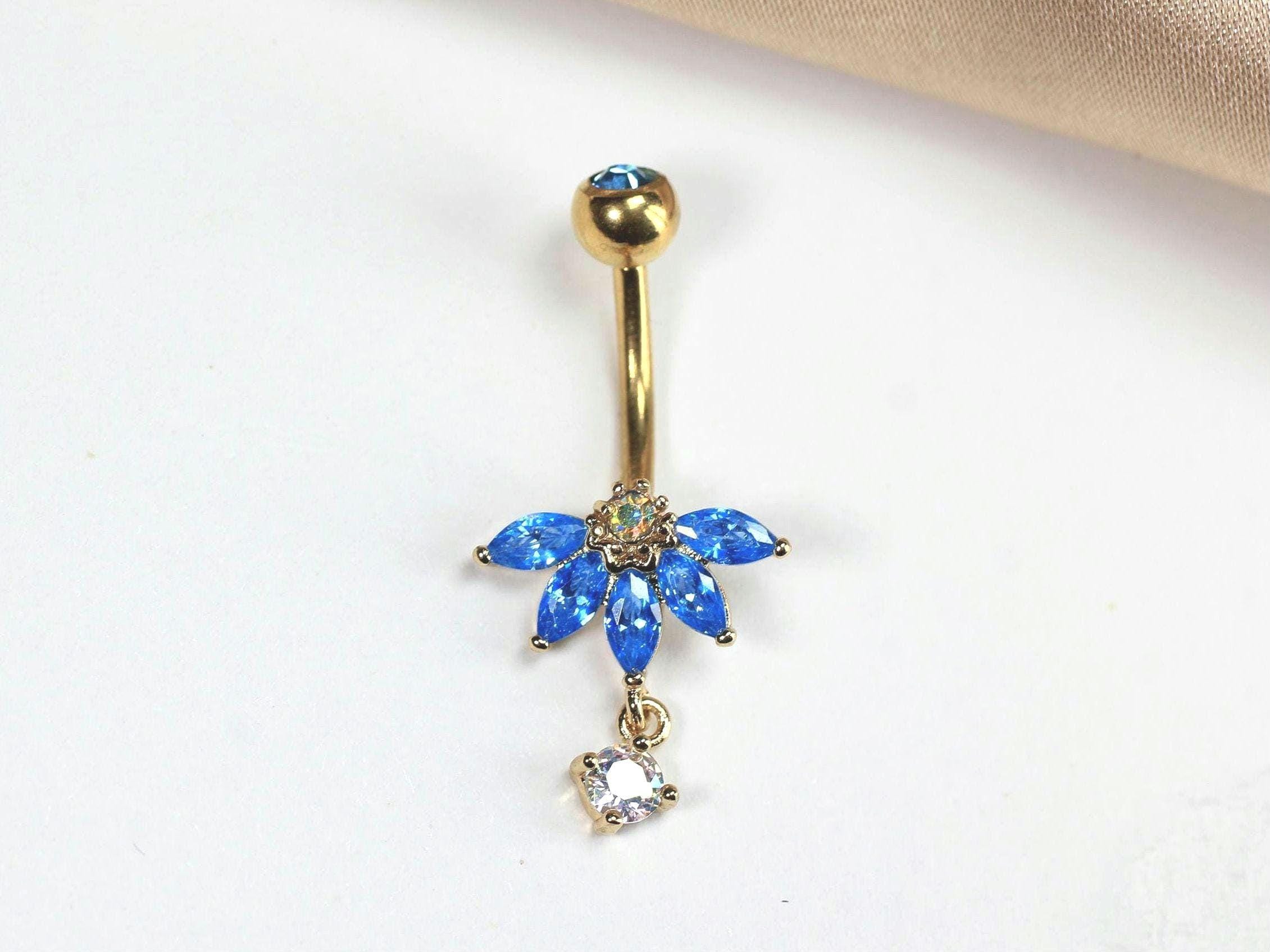 Floral Blue Belly Button Ring 14G, Gold Dangle Navel Piercing, Dainty Blue CZ Marquise Belly Ring, Sparkling Belly Piercing Jewelry