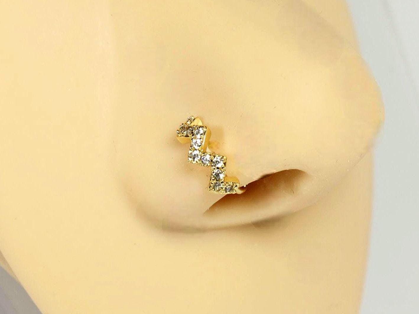 Dainty Gold Nose Hoop Ring, Bendable CZ Gem Decor ZigZag Thin Gold Nose Piercing, Cartilage Hoop Earring, 8mm Nose Jewelry