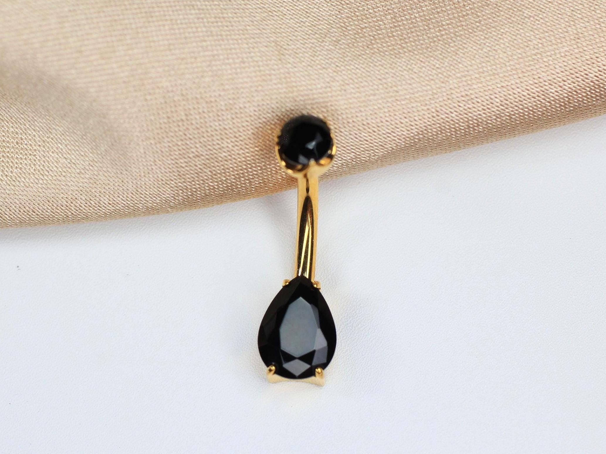 14G Titanium Belly Button Ring Gold, Black Teardrop CZ Navel Piercing, Internally Threaded Belly Ring, Aesthetic Body Jewelry
