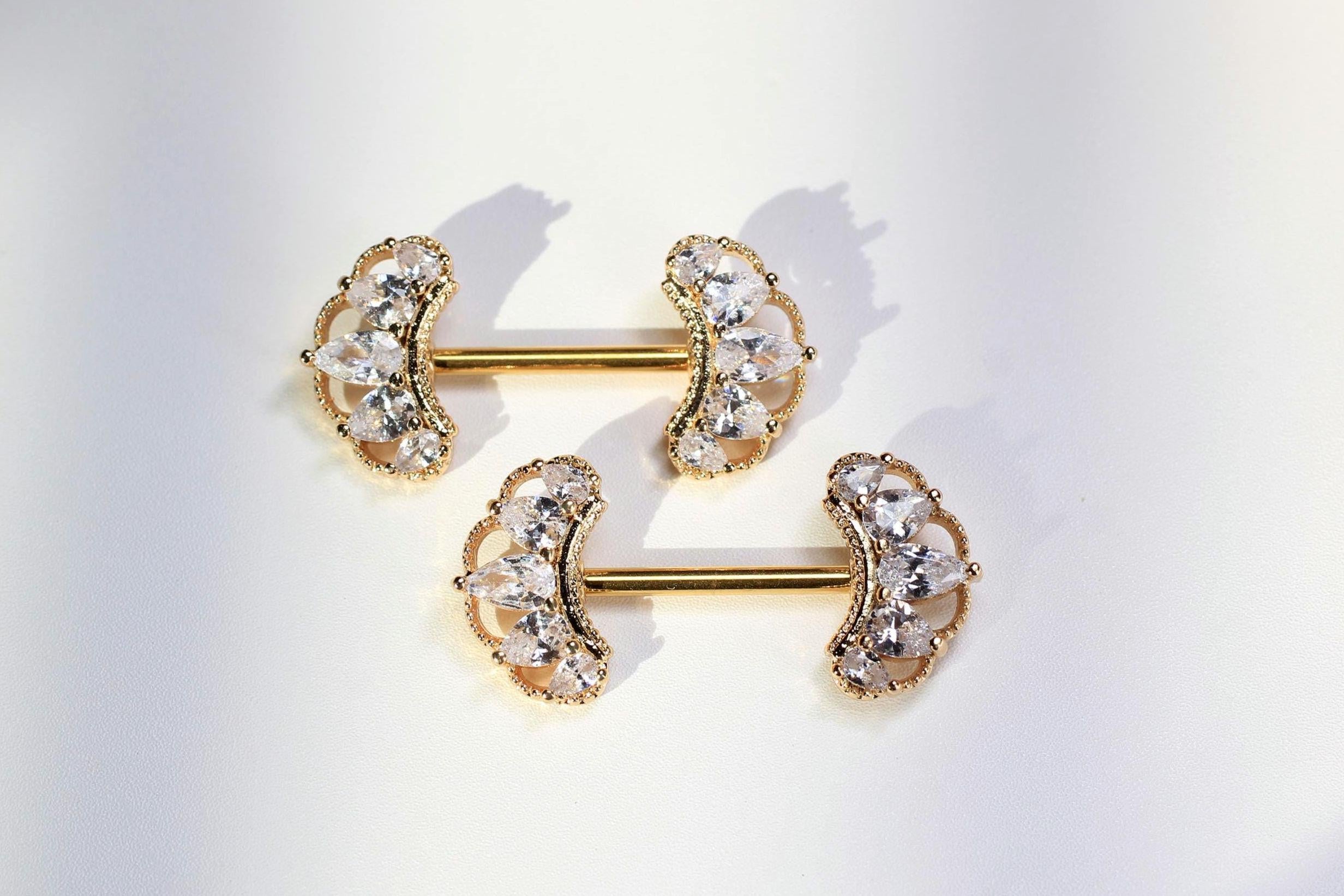 14G Gold Nipple Barbell Pair, CZ Paved Floral Leaf Nipple Rings, Petal Leaf Nipple Piercing Jewelry, Gold Body Jewelry