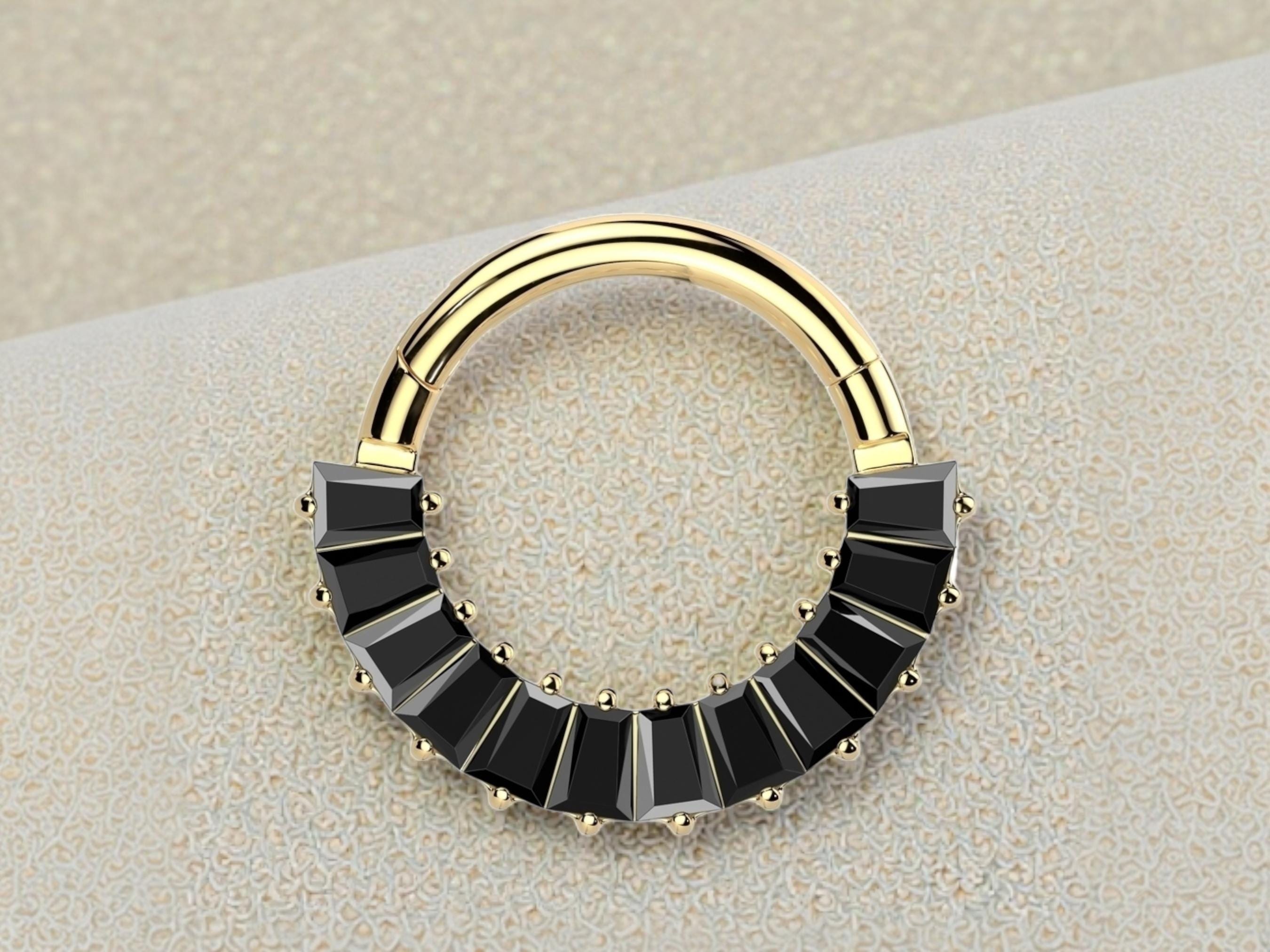 16G Titanium Septum Clicker Black Baguette Gems Nose Ring, Vitrail Medium Front Gemstone Septum Hoop,Segment Hinged, Unique Body Jewelry.
