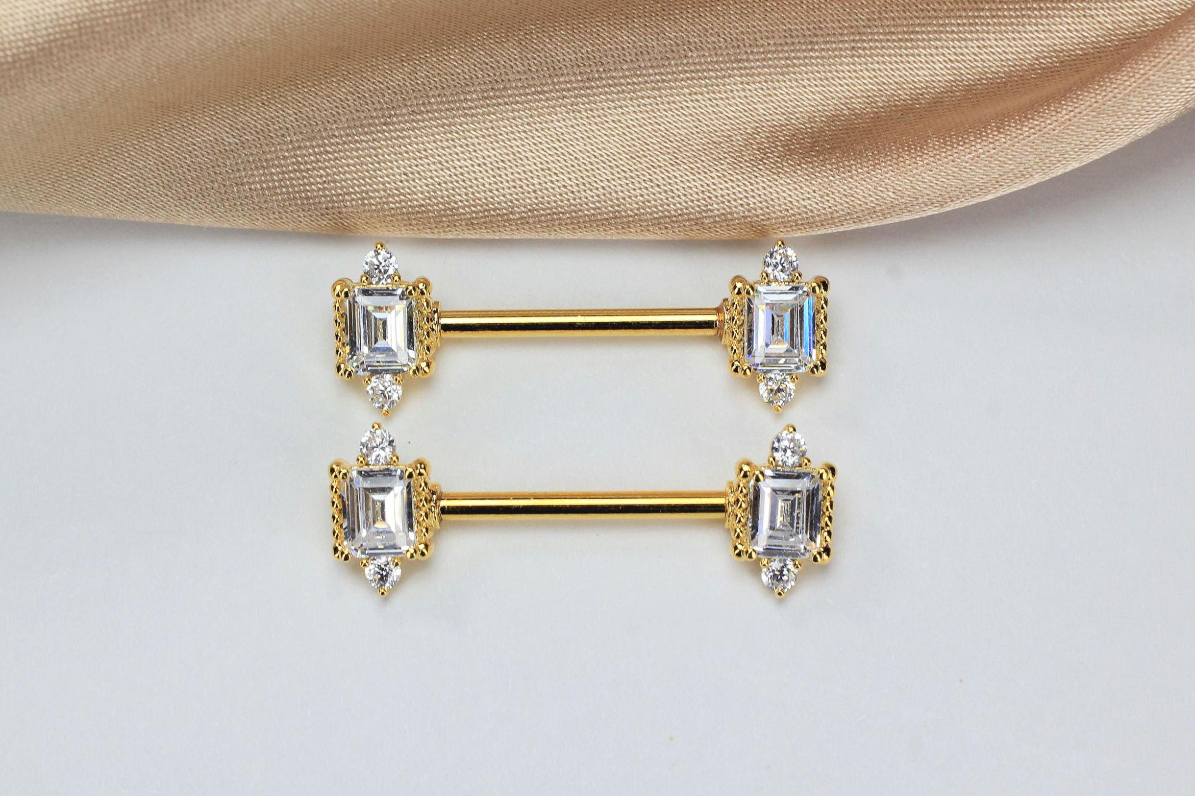 14G Gold Nipple Barbell Jewelry, Mirror CZ Gem, Princess Cut Crystal Body Piercing Ring, Sparkling Nipple Piercing Accessory
