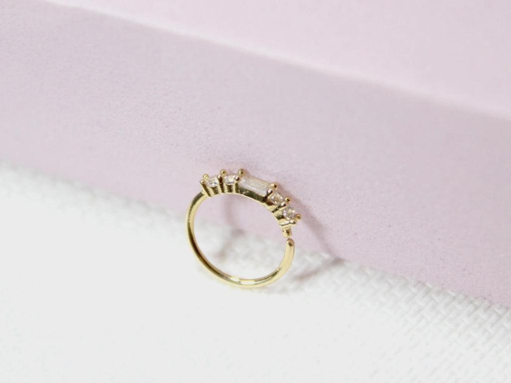 14K Gold Baguette Nose Ring, 20g Dainty Crystal Gold Nose Hoop Ring Jewelry, Minimalist Bendable Nose Piercing Jewelry, Gold Jewelry