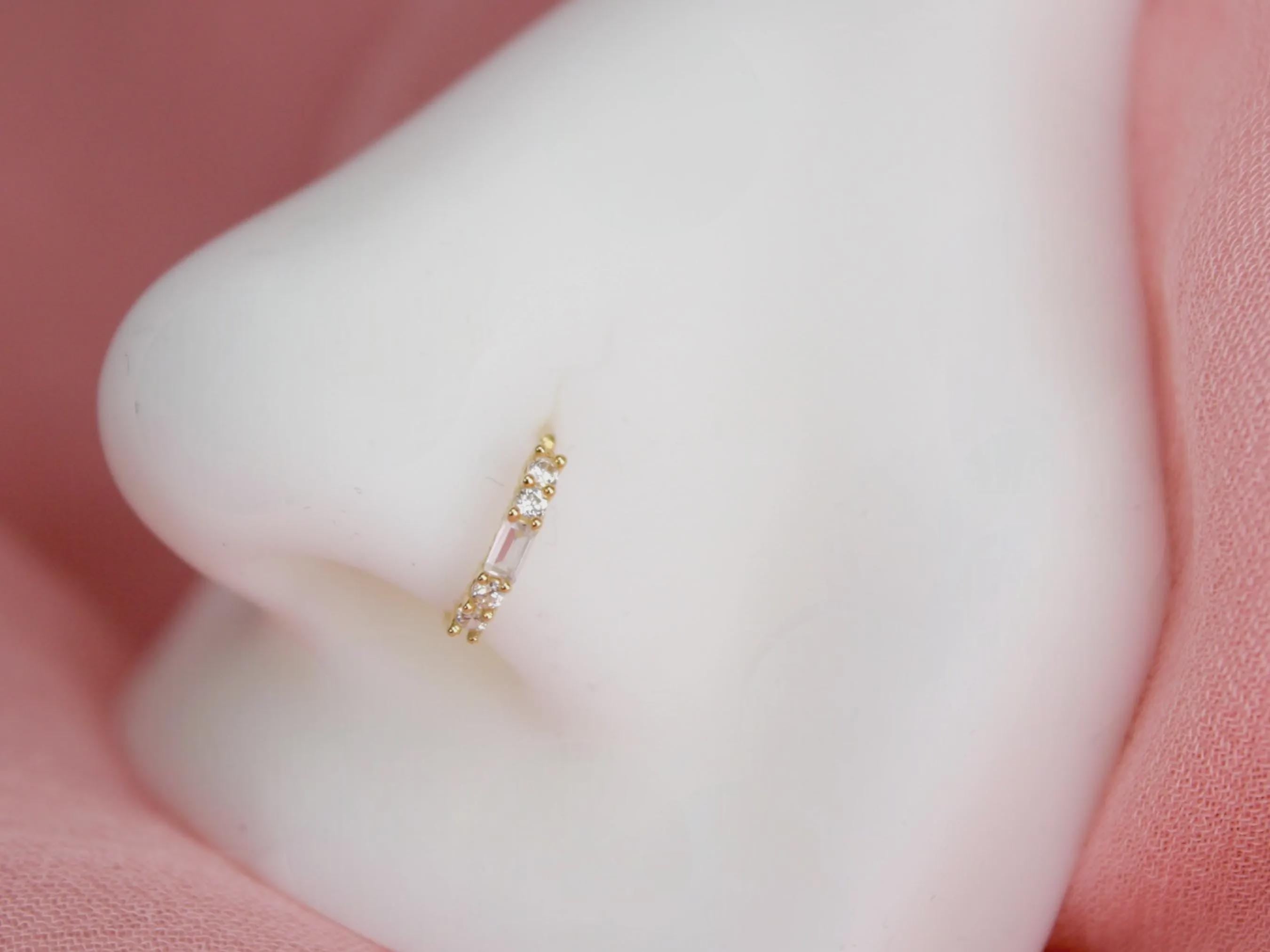 14K Gold Baguette Nose Ring, 20g Dainty Crystal Gold Nose Hoop Ring Jewelry, Minimalist Bendable Nose Piercing Jewelry, Gold Jewelry