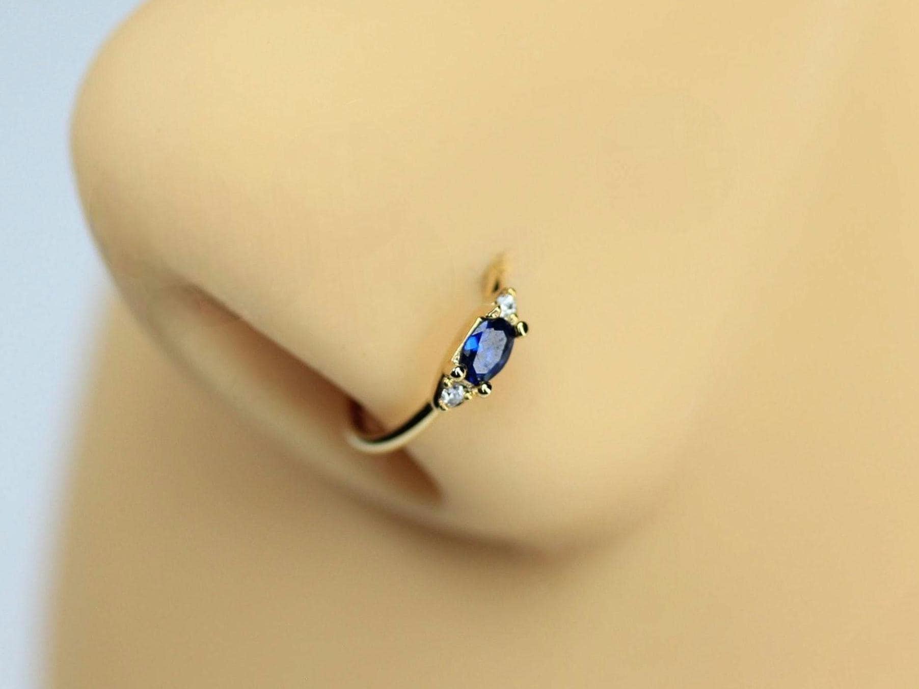 Blue CZ Gem Gold Nose Ring, 20g Sapphire Blue Bendable Hoop, Thin Cartilage, Nose Piercing Jewelry