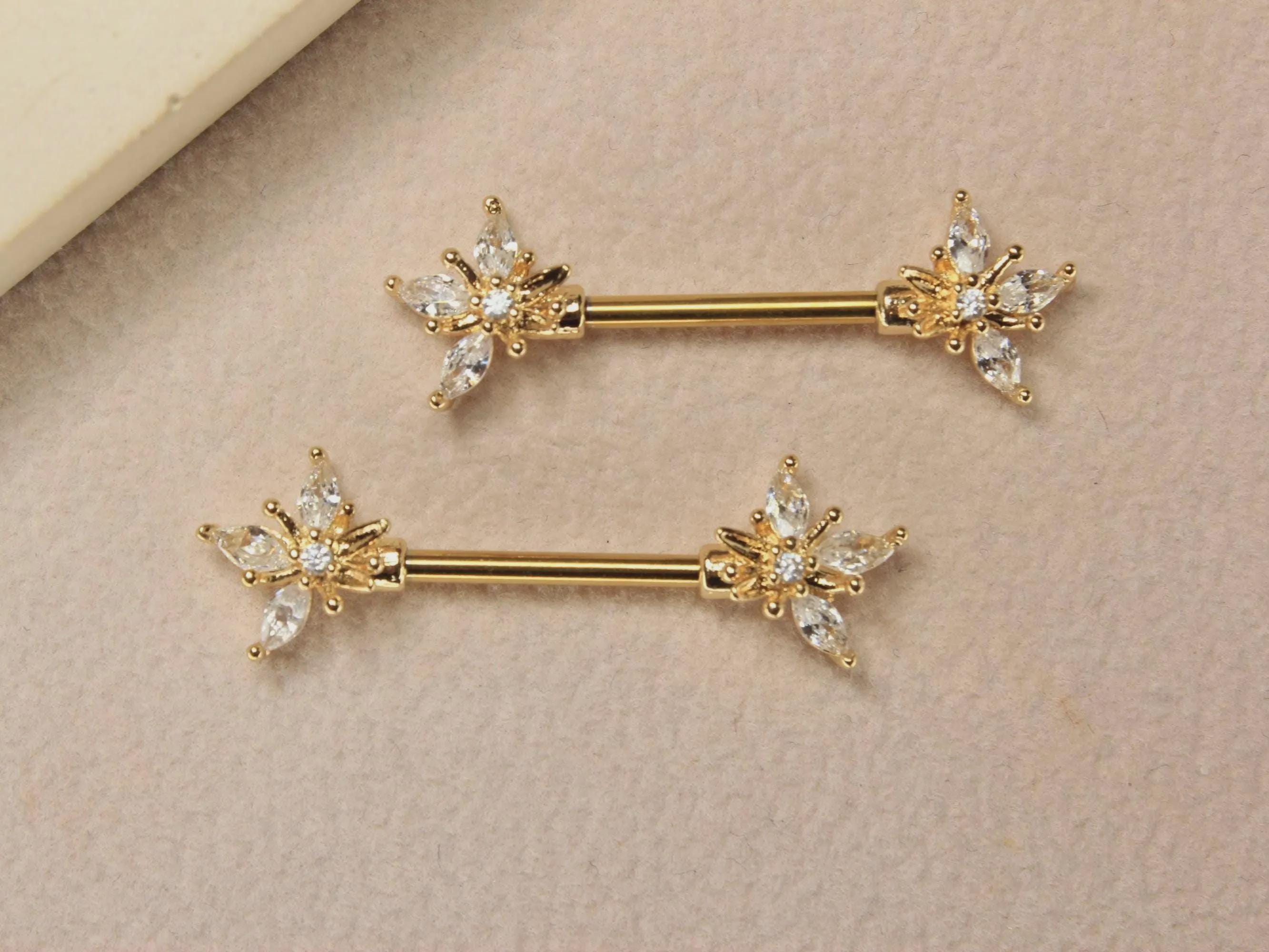 14G Gold Marquise Leaf Nipple Barbell, Pair of Floral Petal End Clear Gem Gold Nipple Piercing Jewelry, Body Piercing Jewelry,